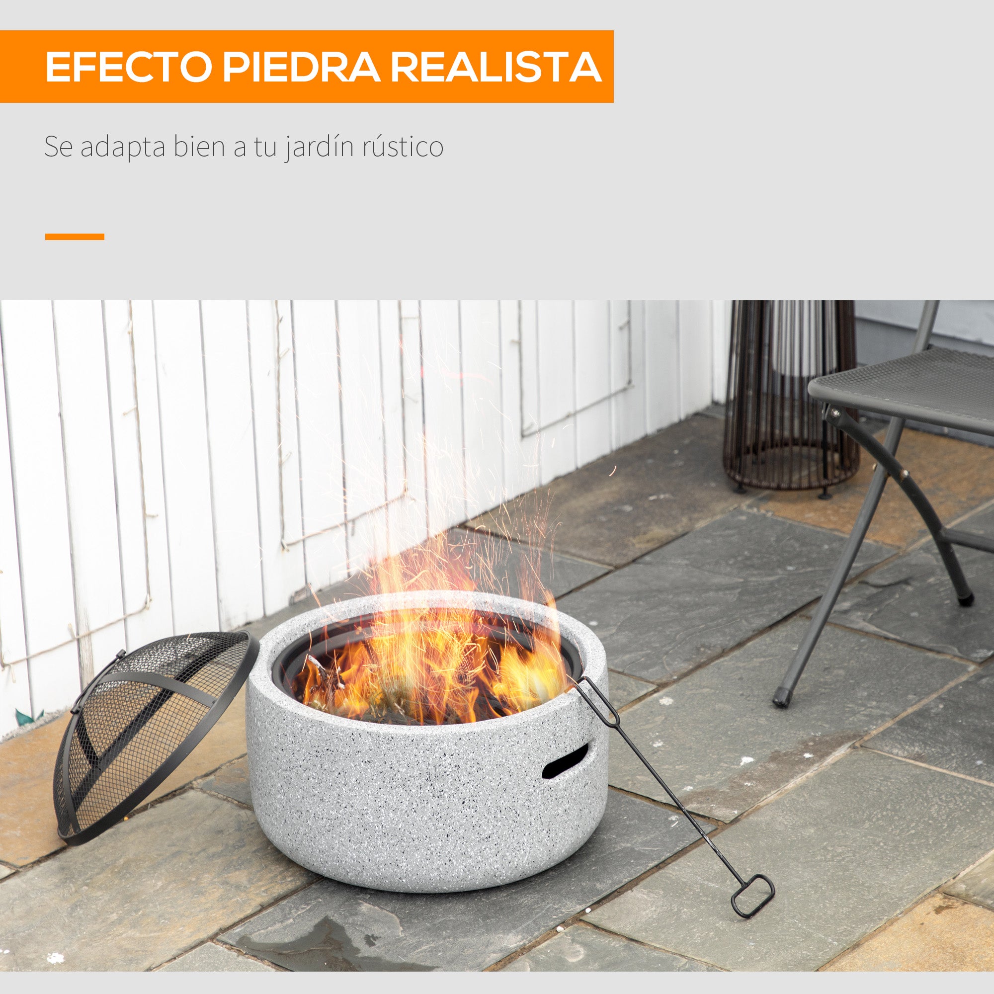 Outsunny Brasero Exterior Redondo Brasero Exterior Jardín con Atizador Protector de Chispas Rejilla y Manija Ø45x34 cm para Terraza Camping Fiesta Gris