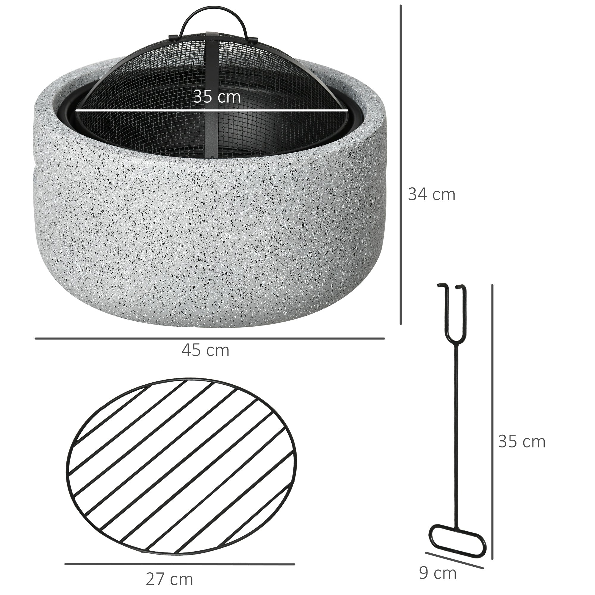 Outsunny Brasero Exterior Redondo Brasero Exterior Jardín con Atizador Protector de Chispas Rejilla y Manija Ø45x34 cm para Terraza Camping Fiesta Gris