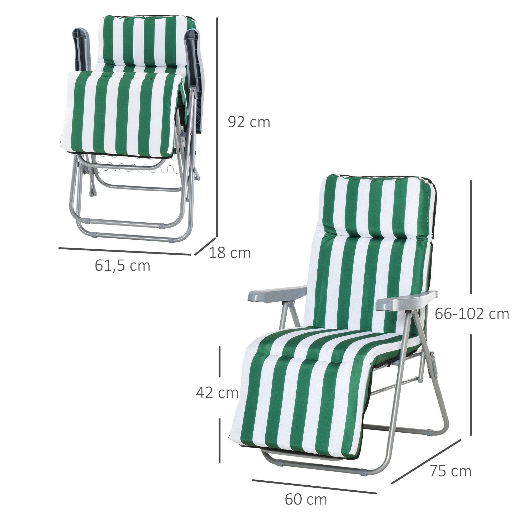 Outsunny Pack de 2 Tumbonas Plegables Tumbonas de Jardín Exterior con Cojín Acolchado, Respaldo Ajustable en 5 Posiciones, Reposapiés y Marco de Acero, 60x75x65-102 cm, Rayas Verde