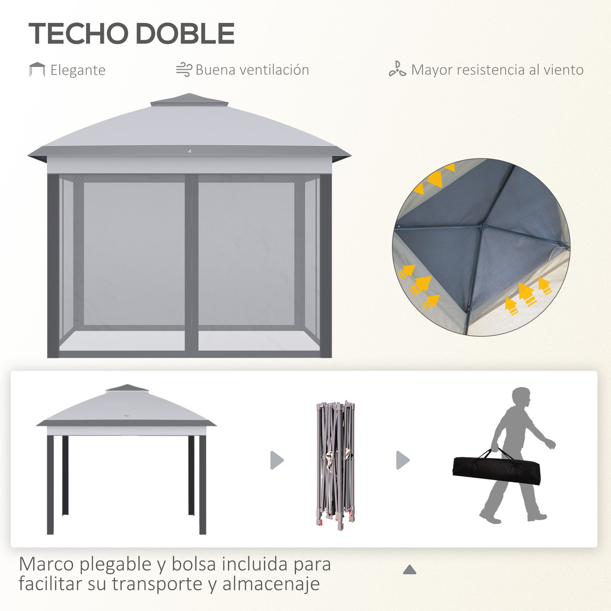 Outsunny Carpa Plegable 3,3x3,3 m Cenador de Jardín con Altura Ajustable en 3 Niveles Doble Techo 4 Mosquiteras Extraíbles y Bolsa de Transporte Impermeable Anti-UV Gazebo para Exterior Fiestas Gris