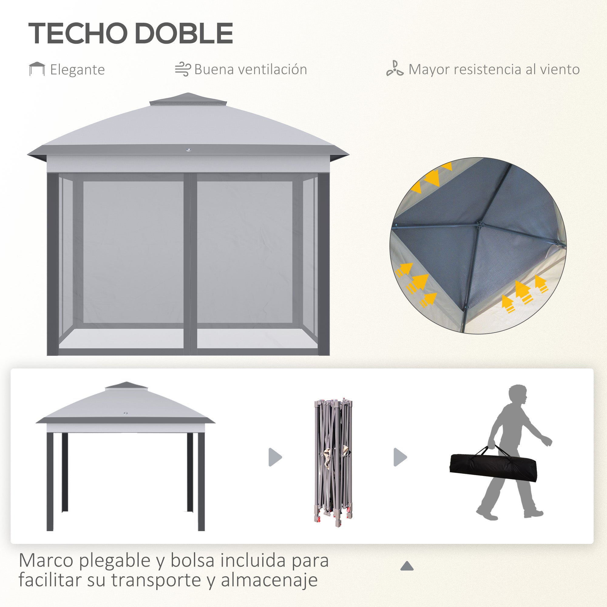 Outsunny Carpa Plegable 3,3x3,3 m Cenador de Jardín con Altura Ajustable en 3 Niveles Doble Techo 4 Mosquiteras Extraíbles y Bolsa de Transporte Impermeable Anti-UV Gazebo para Exterior Fiestas Gris