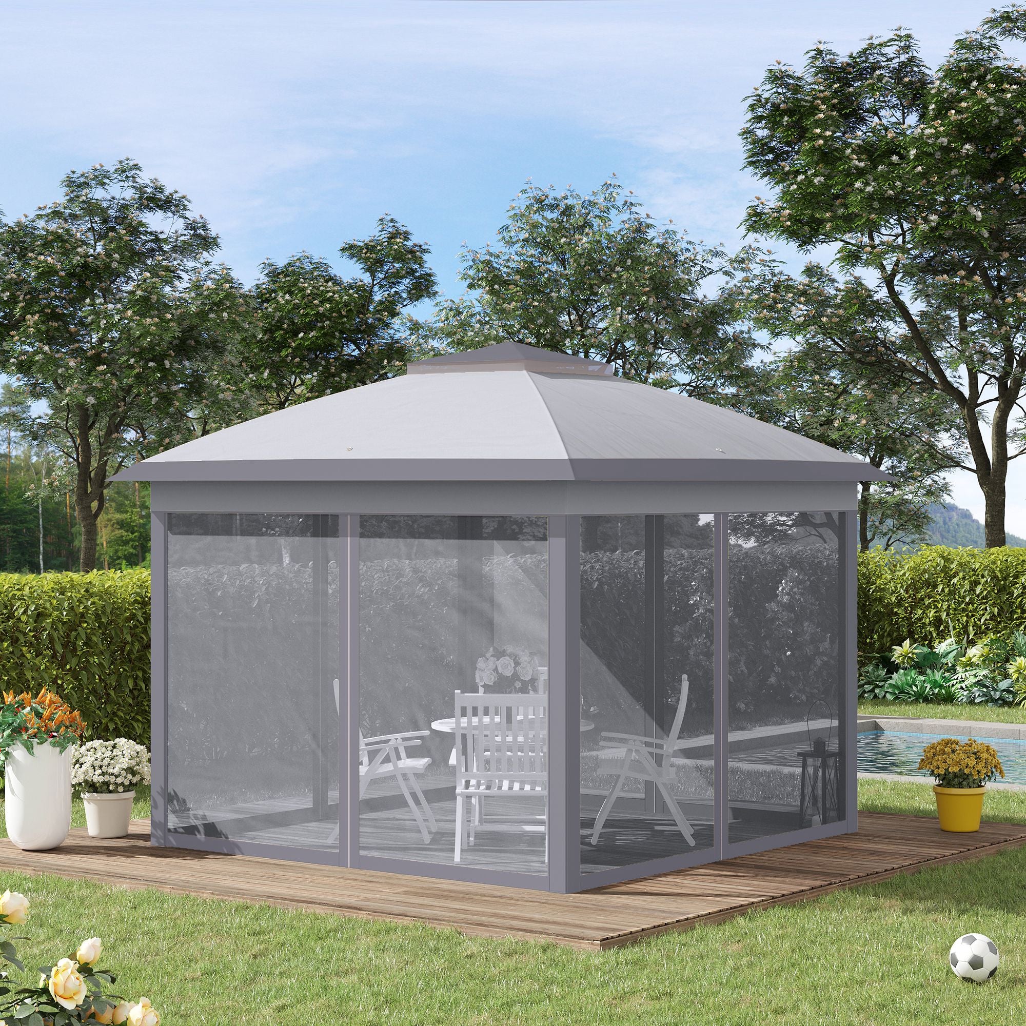 Outsunny Carpa Plegable 3,3x3,3 m Cenador de Jardín con Altura Ajustable en 3 Niveles Doble Techo 4 Mosquiteras Extraíbles y Bolsa de Transporte Impermeable Anti-UV Gazebo para Exterior Fiestas Gris