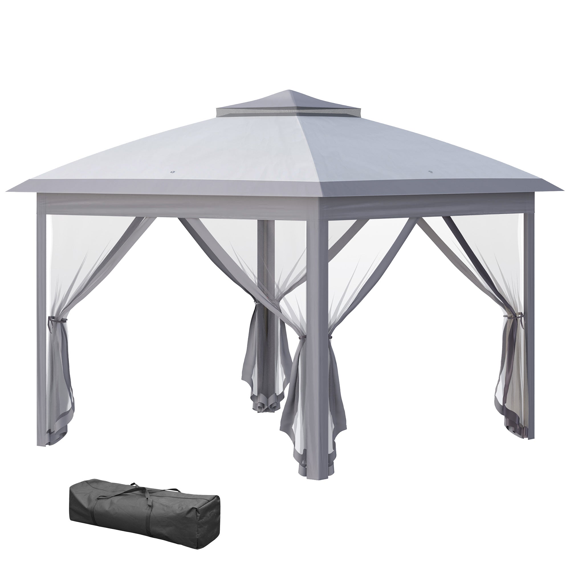 Outsunny Carpa Plegable 3,3x3,3 m Cenador de Jardín con Altura Ajustable en 3 Niveles Doble Techo 4 Mosquiteras Extraíbles y Bolsa de Transporte Impermeable Anti-UV Gazebo para Exterior Fiestas Gris