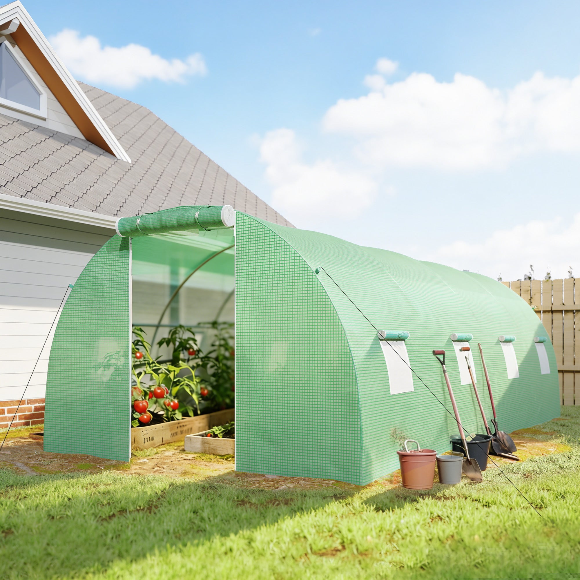 Outsunny Invernadero de Exterior 6x3x2 m, Invernadero de Túnel con Puerta Enrollable, 8 Ventanas de Malla, Cubierta PE 140g/m² y Marco de Acero Galvanizado, Anti-UV, Impermeable, para Cultivos, Verde