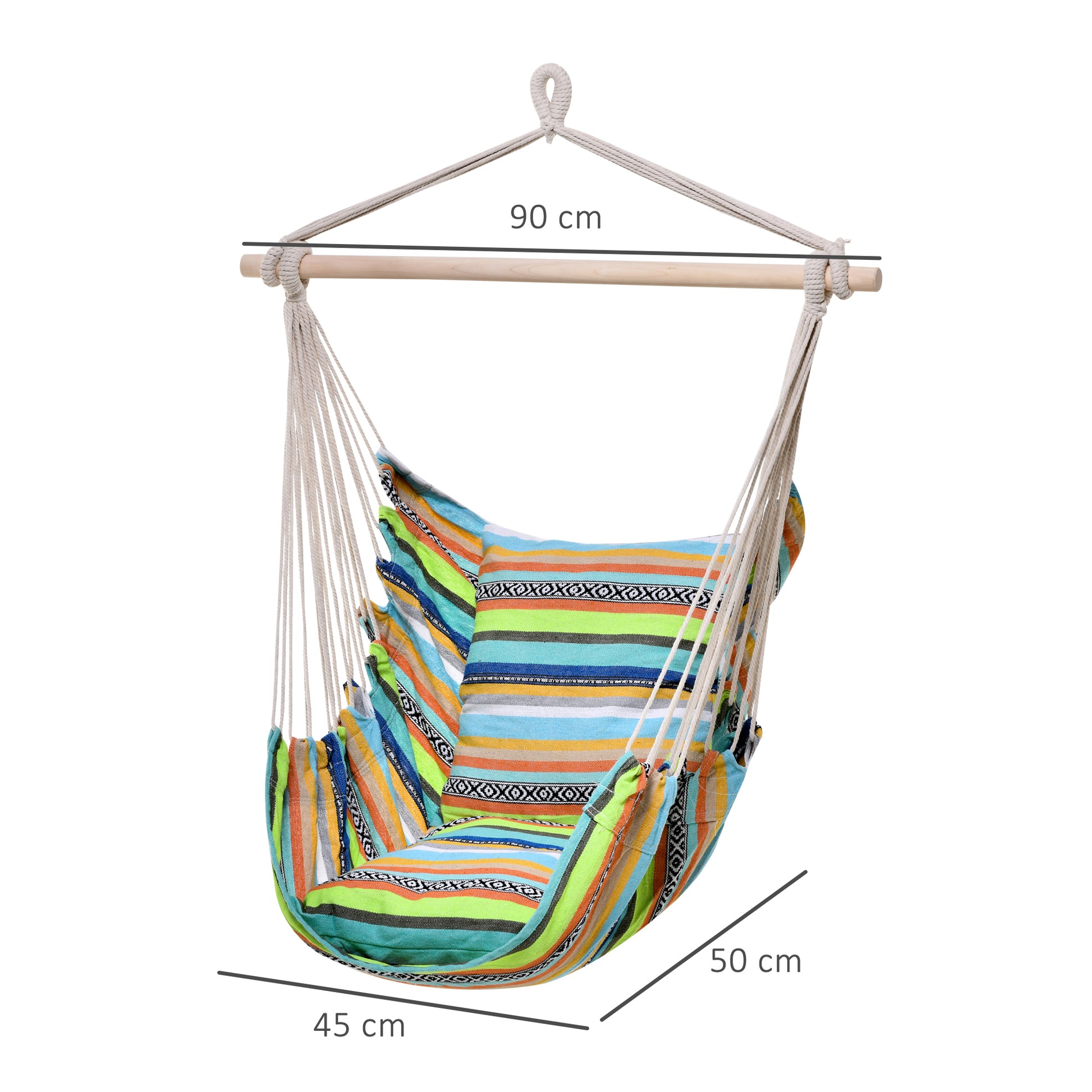 Outsunny Silla Hamaca Colgante de Algodón Silla Colgante con 2 Cojines 100x100 cm Carga 100 kg para Interior y Exterior Multicolor