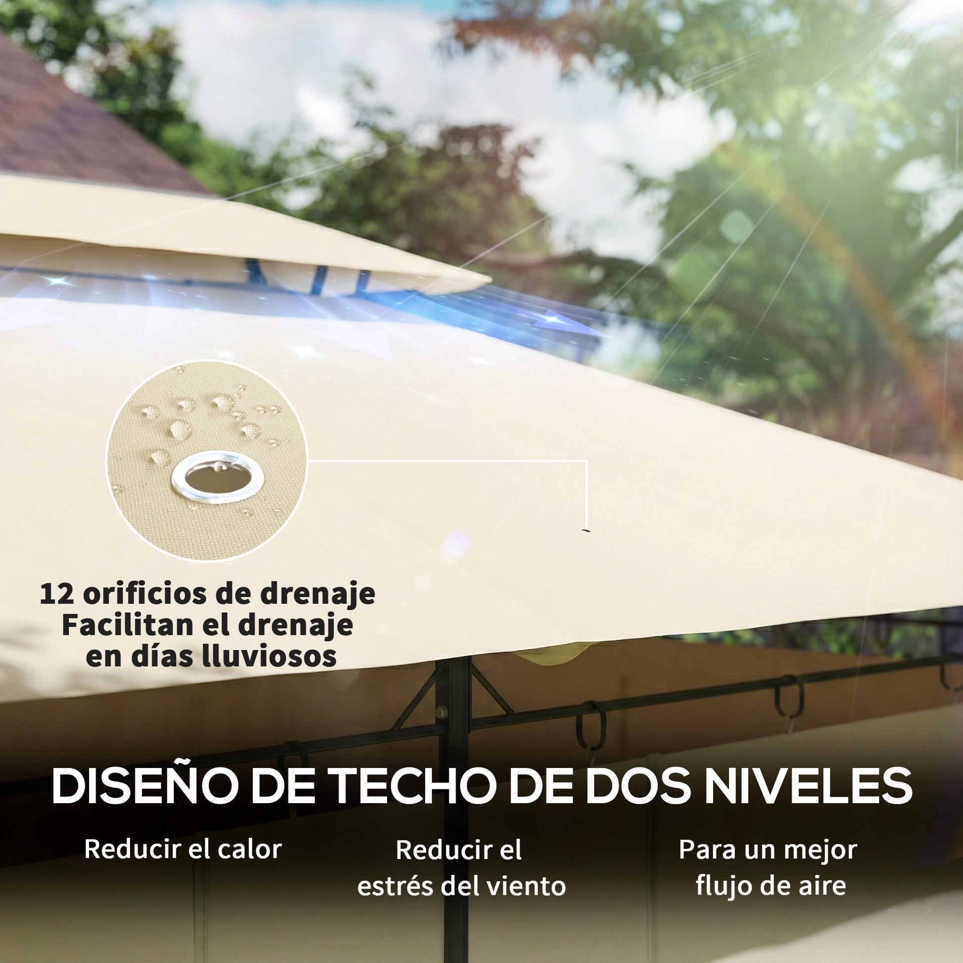 Outsunny Cenador de Jardín 4x3 m, Pabellón de Jardín Gazebo con Doble Techo, 6 Paredes Laterales, Estructura Metálica, Orificios de Drenaje, Carpa para Exterior, Terraza, Patio, Beige