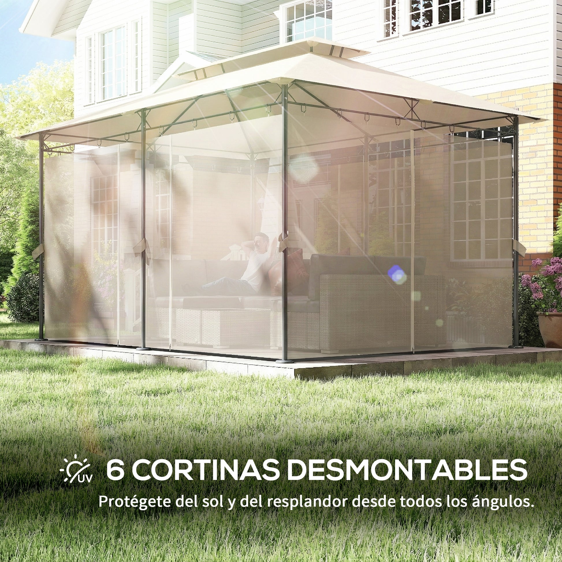 Outsunny Cenador de Jardín 4x3 m, Pabellón de Jardín Gazebo con Doble Techo, 6 Paredes Laterales, Estructura Metálica, Orificios de Drenaje, Carpa para Exterior, Terraza, Patio, Beige