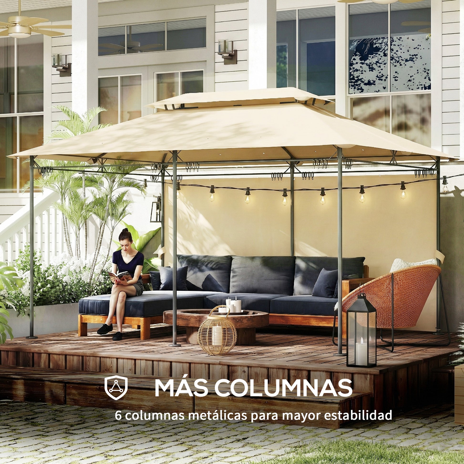 Outsunny Cenador de Jardín 4x3 m, Pabellón de Jardín Gazebo con Doble Techo, 6 Paredes Laterales, Estructura Metálica, Orificios de Drenaje, Carpa para Exterior, Terraza, Patio, Beige