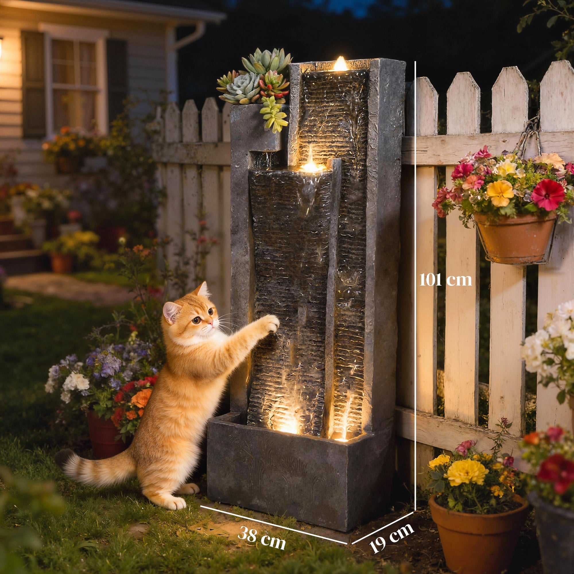 Outsunny Fuente de Agua Decorativa con Iluminación LED y Maceta, Fuente de Jardín Exteror en Cascada de 3 Niveles, con Bomba, Resistente a la intemperie, para Jardín, Patio, 38x19x101 cm, Gris Oscuro