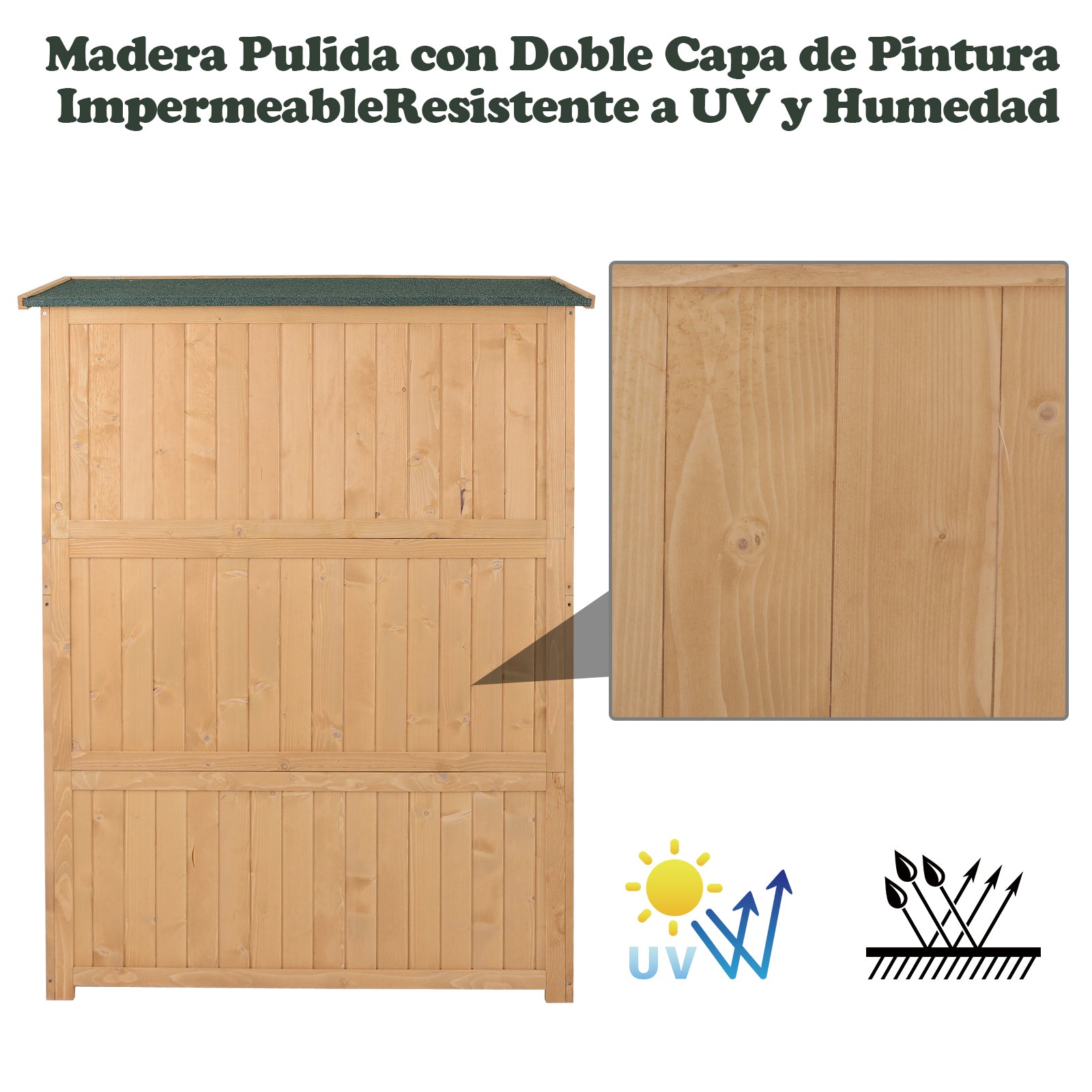 Outsunny Cobertizo de Madera Caseta Exterior Armario Herramientas de Jardinería Doble Puertas Techo Impermeable Compartimientos de Diferentes Tamaños 127.5x50x164cm Natural