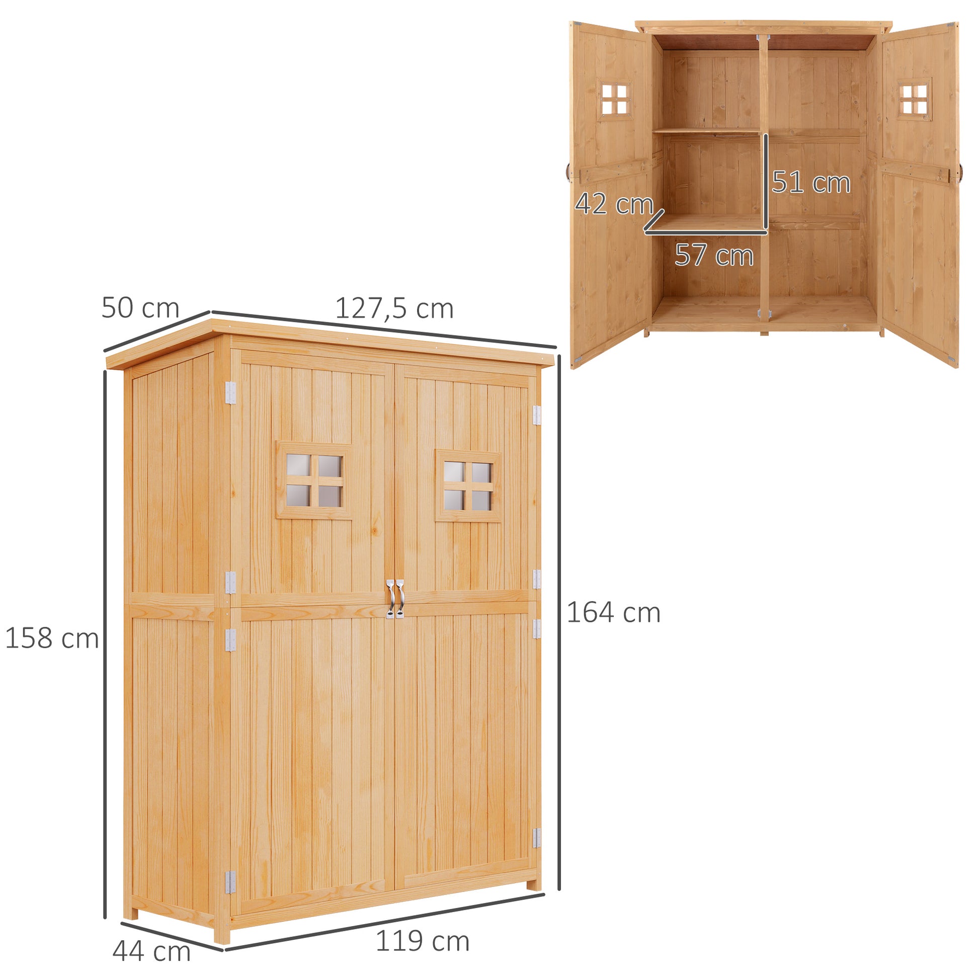Outsunny Cobertizo de Madera Caseta Exterior Armario Herramientas de Jardinería Doble Puertas Techo Impermeable Compartimientos de Diferentes Tamaños 127.5x50x164cm Natural