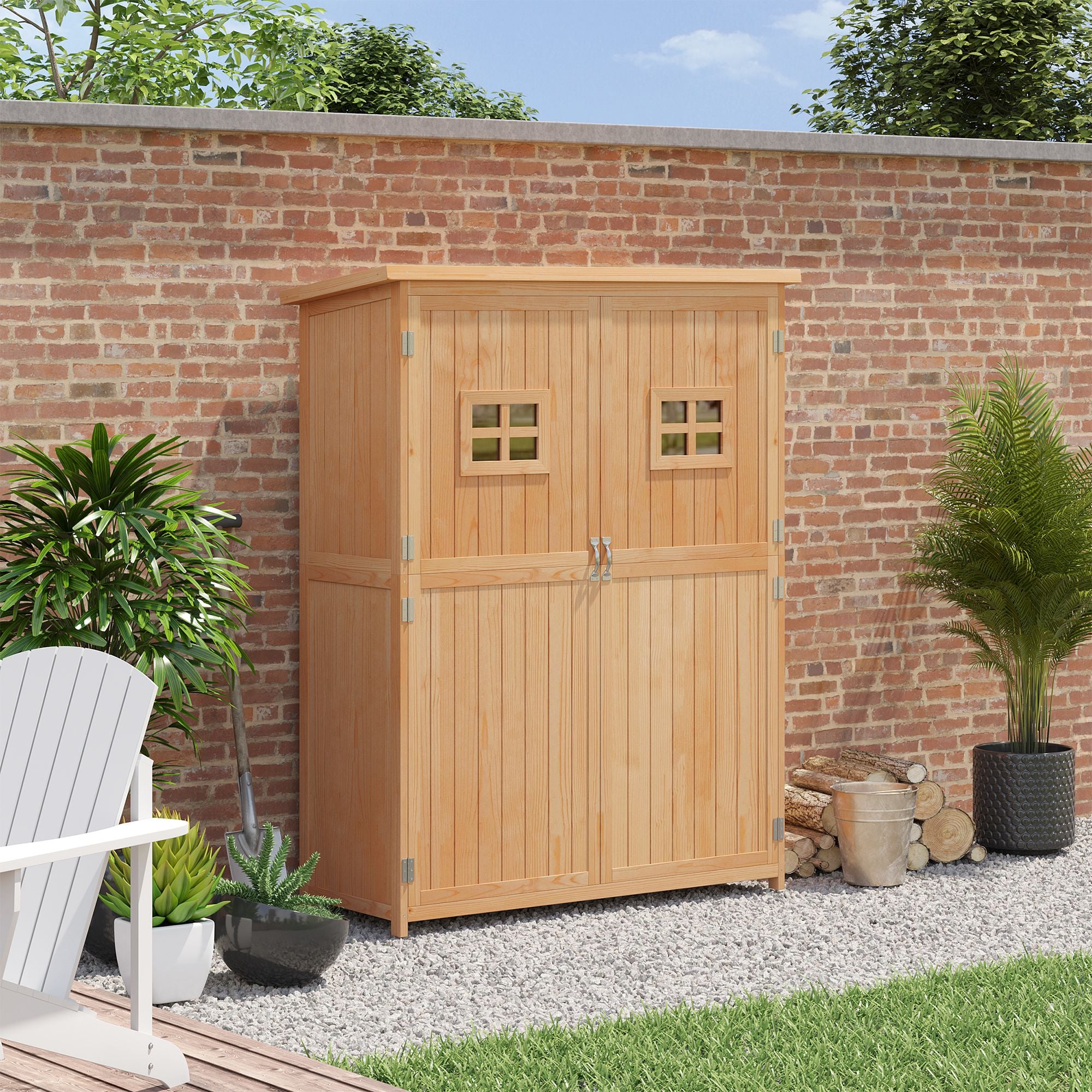 Outsunny Cobertizo de Madera Caseta Exterior Armario Herramientas de Jardinería Doble Puertas Techo Impermeable Compartimientos de Diferentes Tamaños 127.5x50x164cm Natural