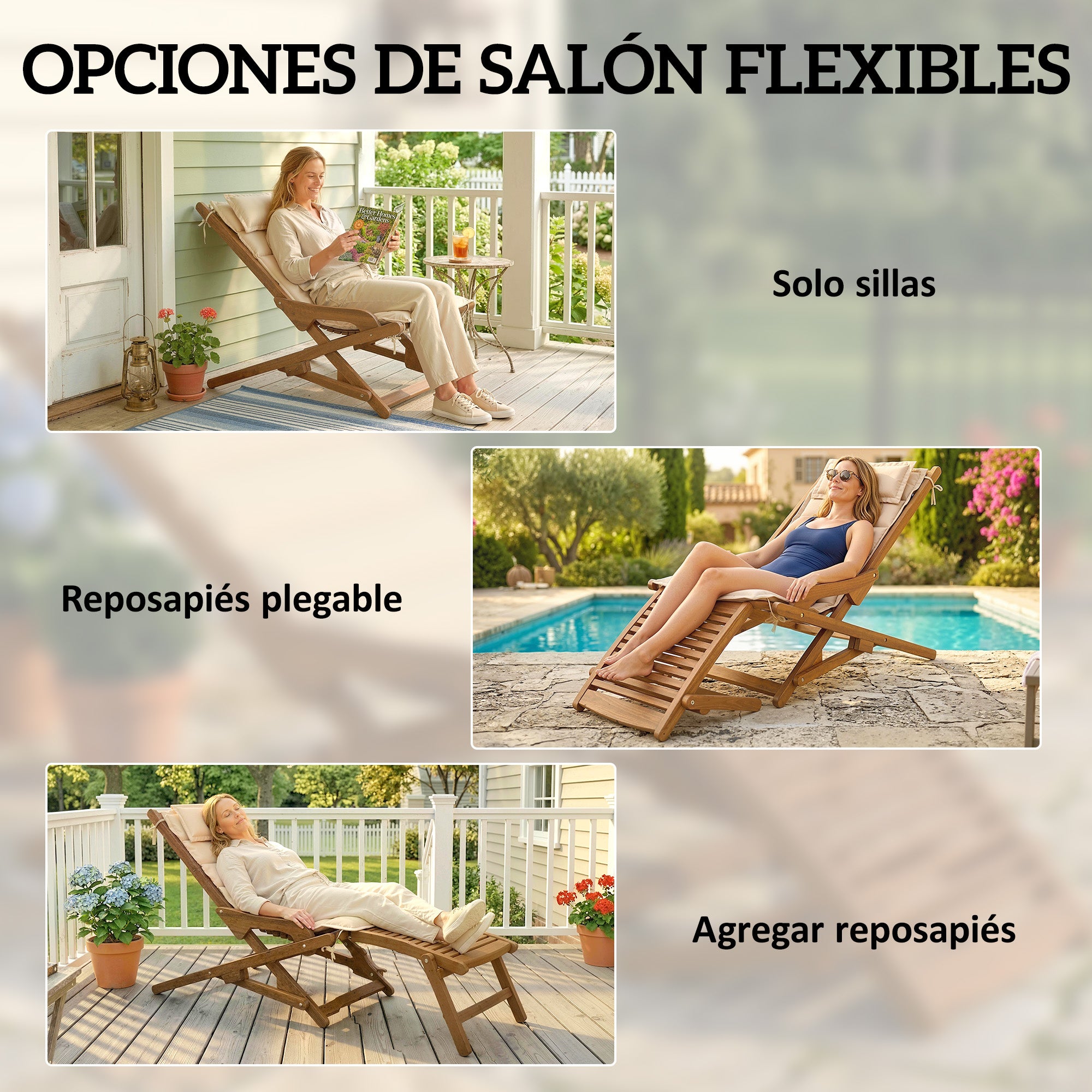 Outsunny Tumbona Silla Plegable de Madera de Acacia, Silla de Jardín Exterior con Reposapiés Desmontable y Cojín con Reposacabezas, Carga 160 kg, para Terraza, Patio, Playa, 158x61x70 cm, Beige