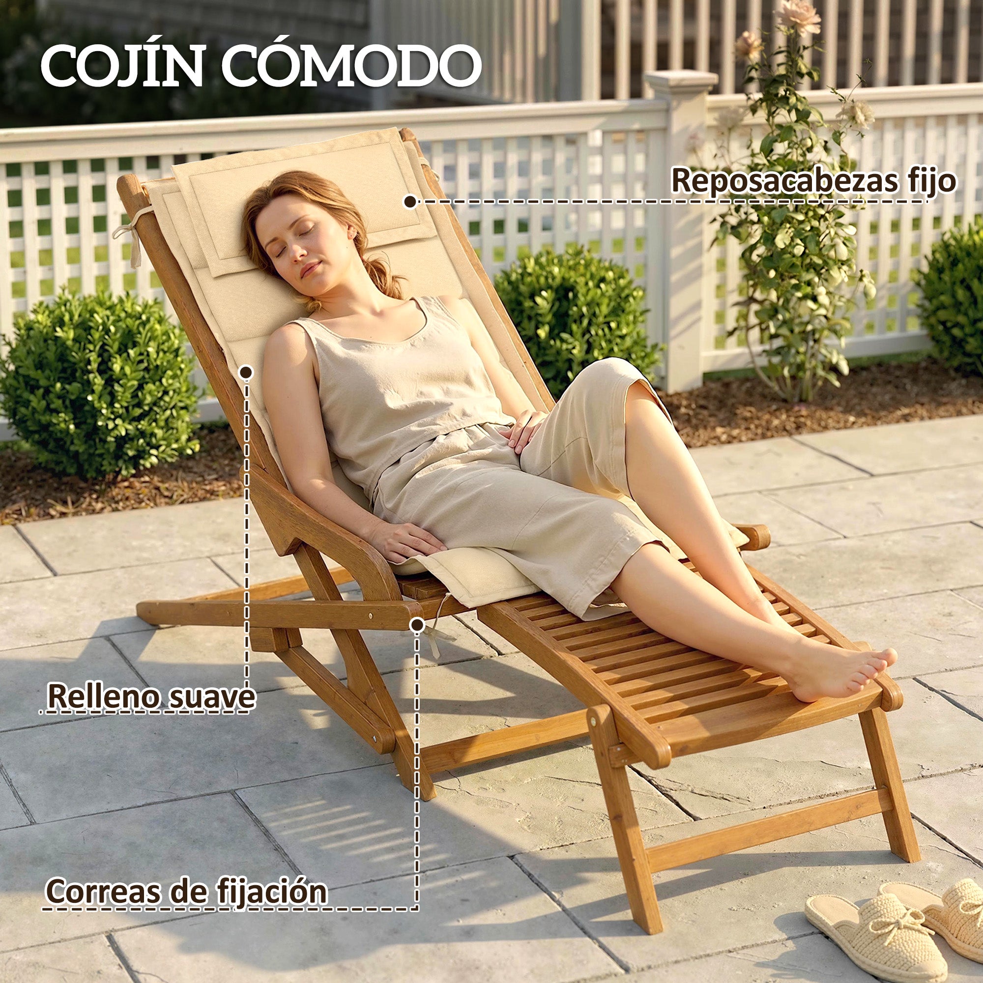 Outsunny Tumbona Silla Plegable de Madera de Acacia, Silla de Jardín Exterior con Reposapiés Desmontable y Cojín con Reposacabezas, Carga 160 kg, para Terraza, Patio, Playa, 158x61x70 cm, Beige
