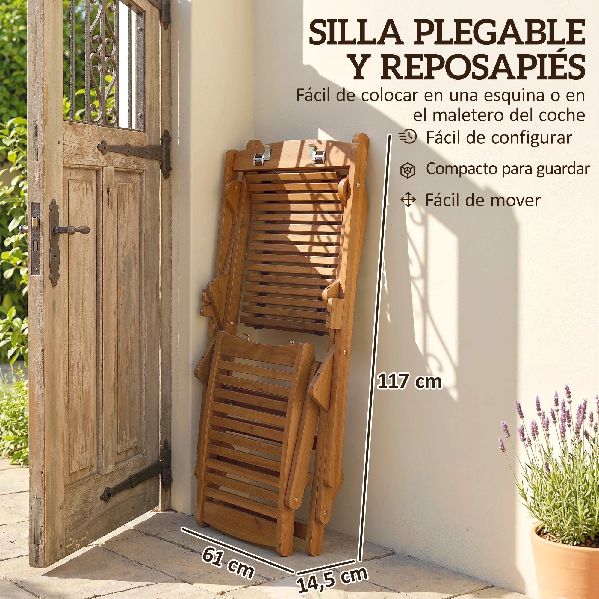 Outsunny Tumbona Silla Plegable de Madera de Acacia, Silla de Jardín Exterior con Reposapiés Desmontable y Cojín con Reposacabezas, Carga 160 kg, para Terraza, Patio, Playa, 158x61x70 cm, Beige