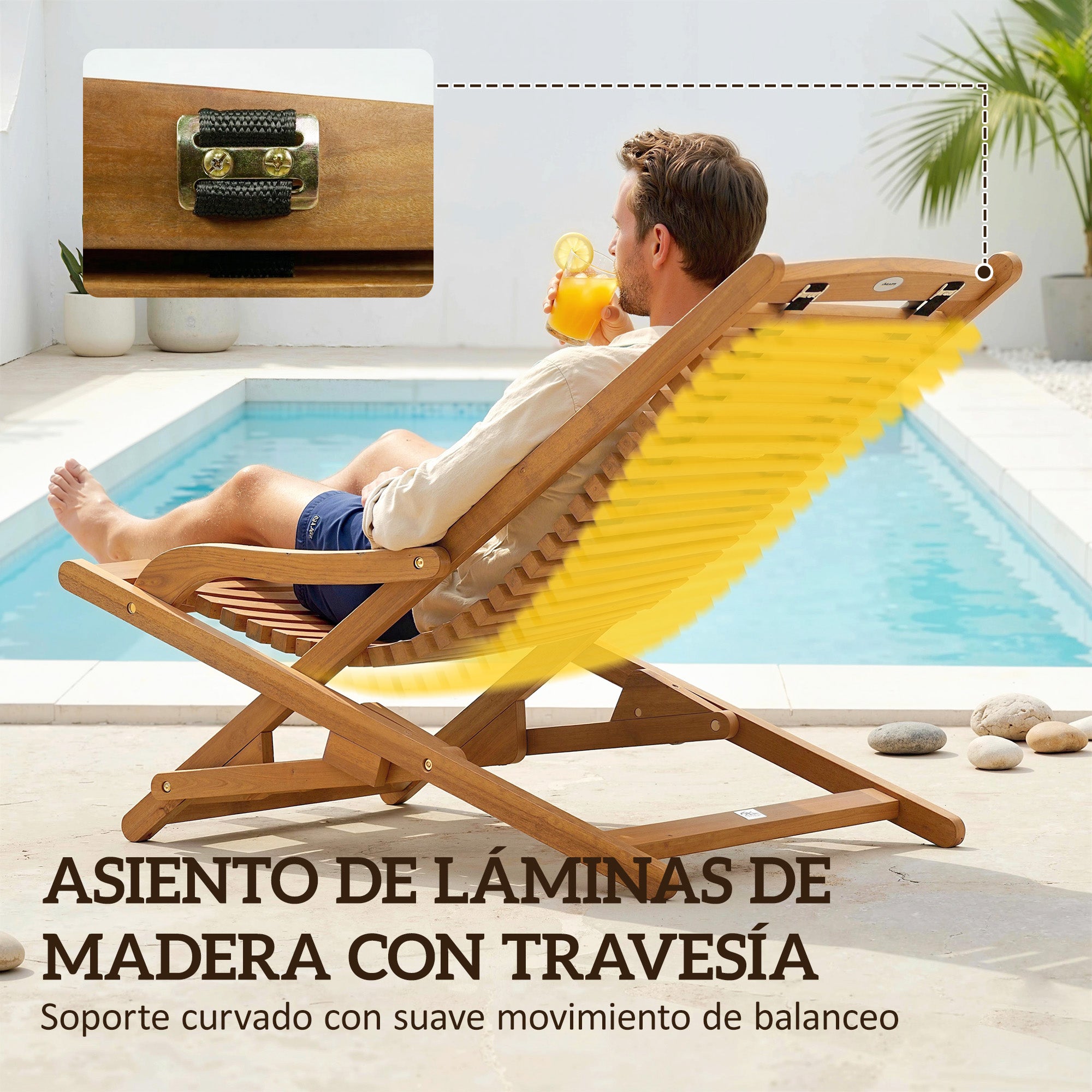 Outsunny Tumbona Silla Plegable de Madera de Acacia, Silla de Jardín Exterior con Reposapiés Desmontable y Cojín con Reposacabezas, Carga 160 kg, para Terraza, Patio, Playa, 158x61x70 cm, Beige