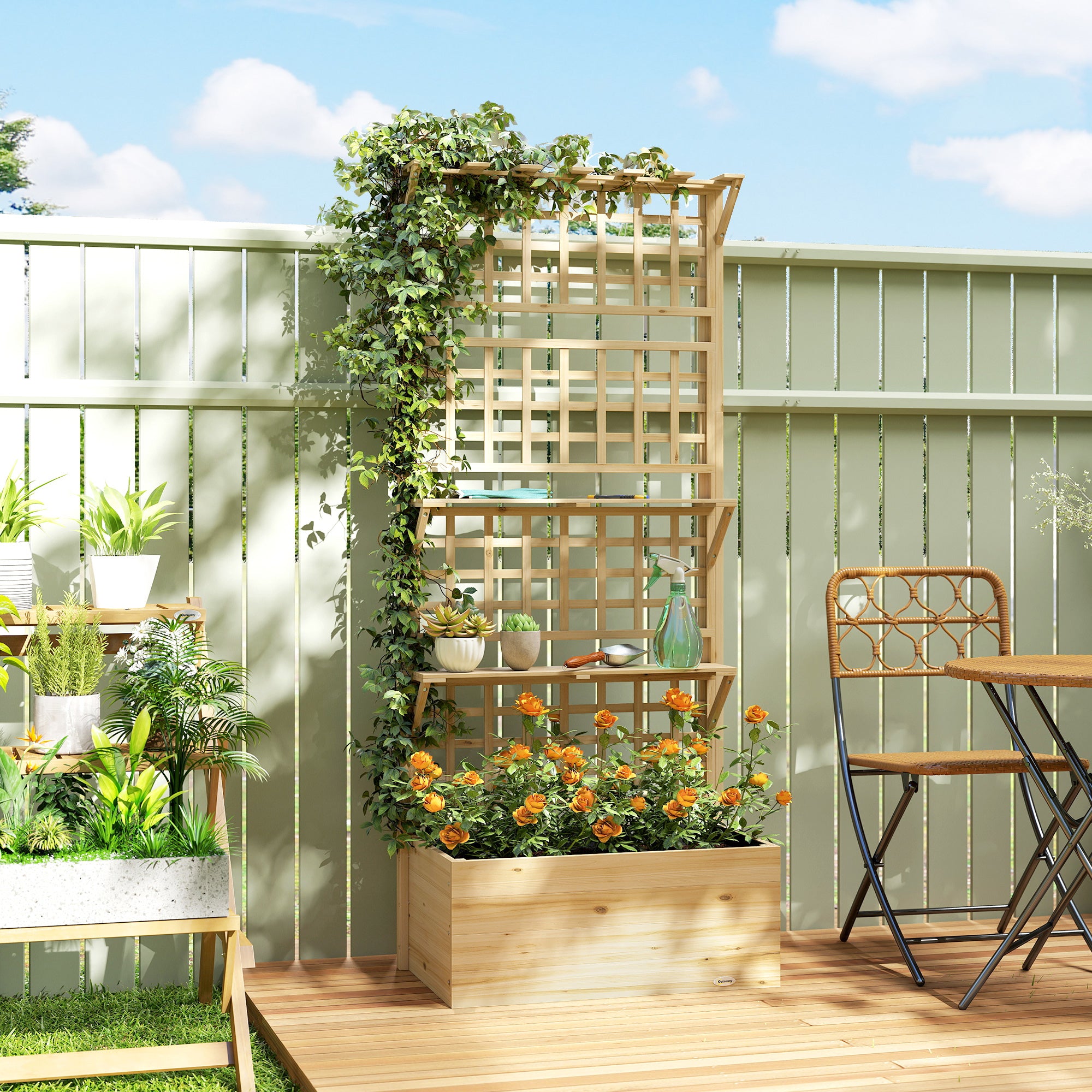 Outsunny Jardinera con Enrejado y Techo de Madera, Jardinera Exterior Grande para Plantas Trepadoras, con 2 Estantes, Drenaje y Forro, Macetero Elevado para Patio, Terraza, 76x43,5x177 cm, Natural