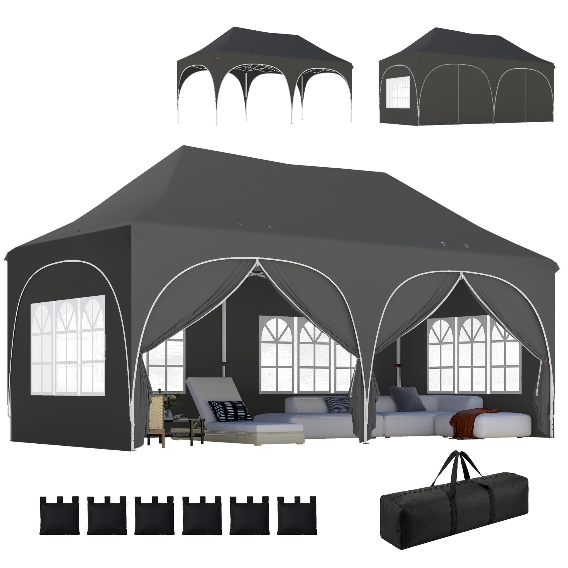 Outsunny Carpa Plegable 6x3 m, Pop-up, con 6 Laterales Extraíbles, Cenador de Jardín con Altura Ajustable, Ventanas, Bolsa de Transporte, UPF30+, Gazebo para Camping, Fiestas, Exterior, Gris Oscuro