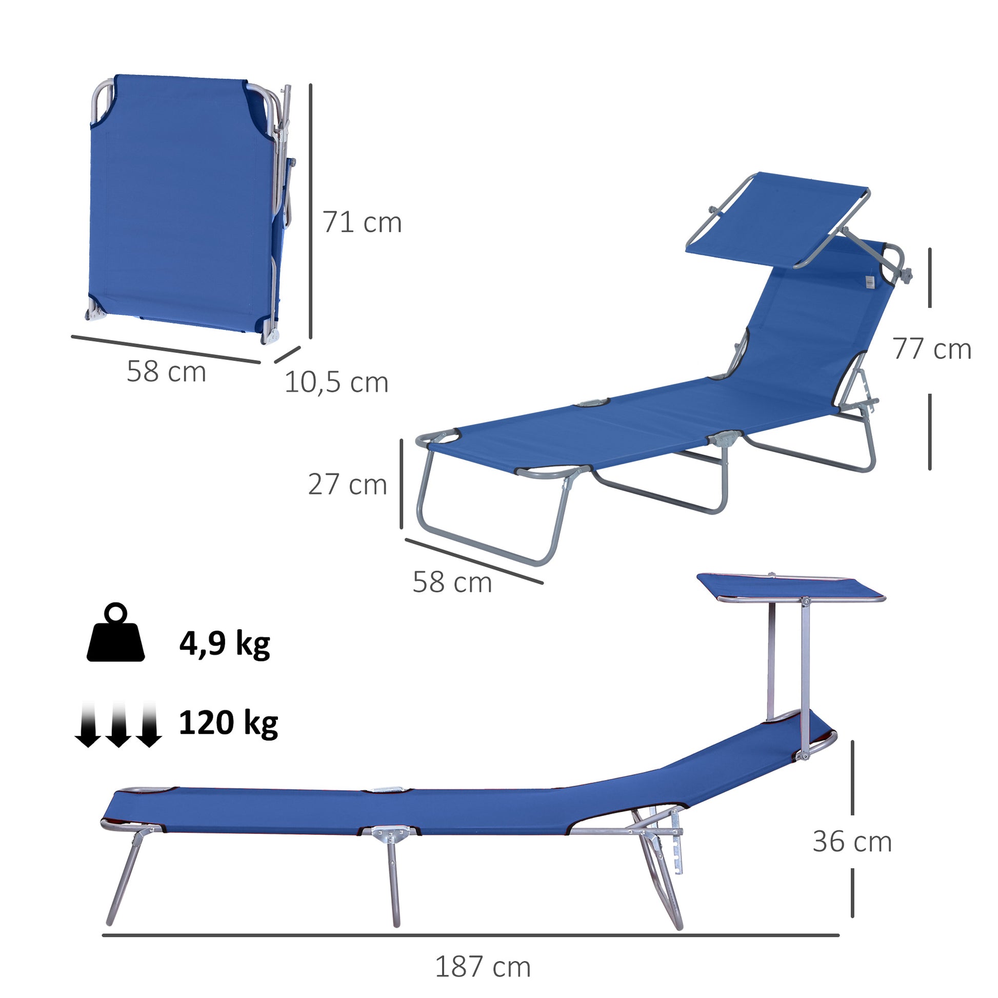 Outsunny Tumbona Plegable Tumbona de Jardín Exterior Reclinable con Toldo Desmontable con Ángulo Regulable Respaldo Ajustable en 4 Niveles para Terraza Piscina Patio 187x58x36 cm Azul