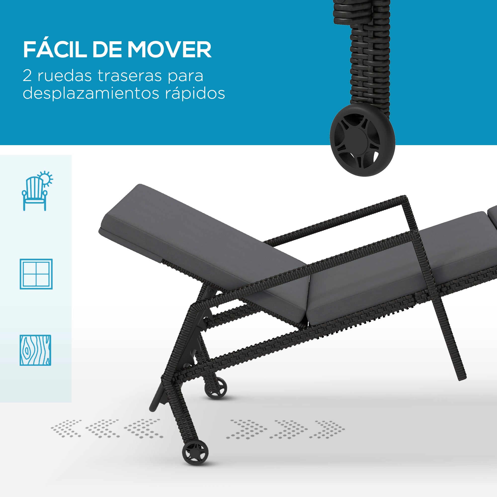 Outsunny Pack de 2 Tumbonas de Ratán Sintético para Jardín con Respaldo Ajustable Cojín y Ruedas Carga 120 kg 73x200x48 cm Gris Claro y Negro