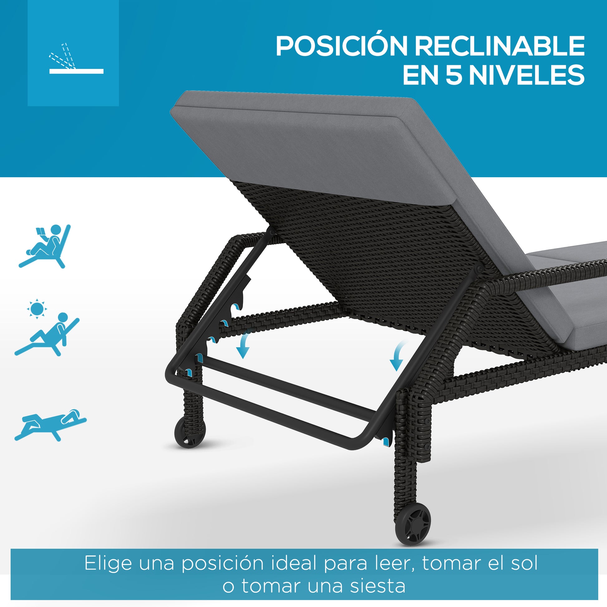 Outsunny Pack de 2 Tumbonas de Ratán Sintético para Jardín con Respaldo Ajustable Cojín y Ruedas Carga 120 kg 73x200x48 cm Gris Claro y Negro