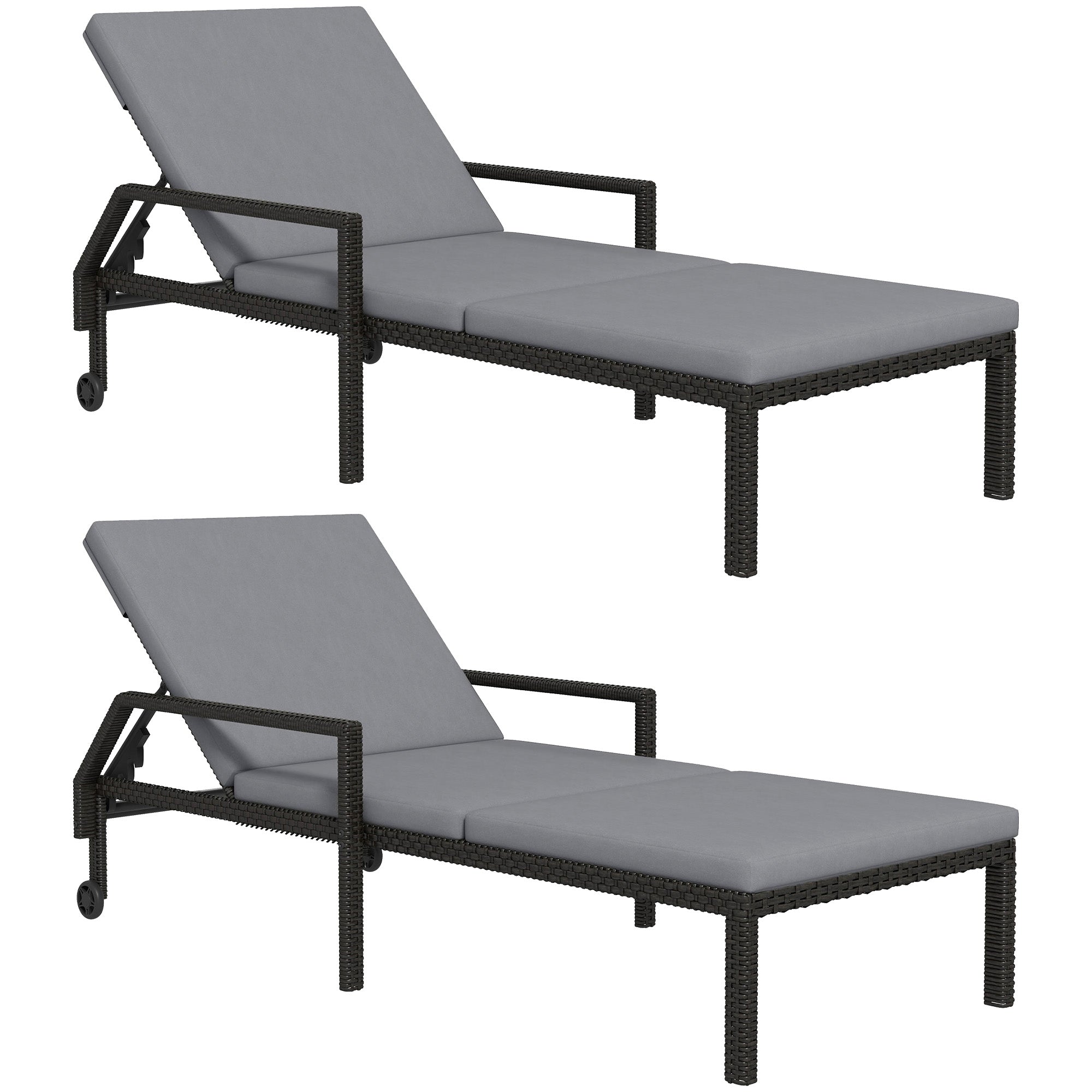 Outsunny Pack de 2 Tumbonas de Ratán Sintético para Jardín con Respaldo Ajustable Cojín y Ruedas Carga 120 kg 73x200x48 cm Gris Claro y Negro