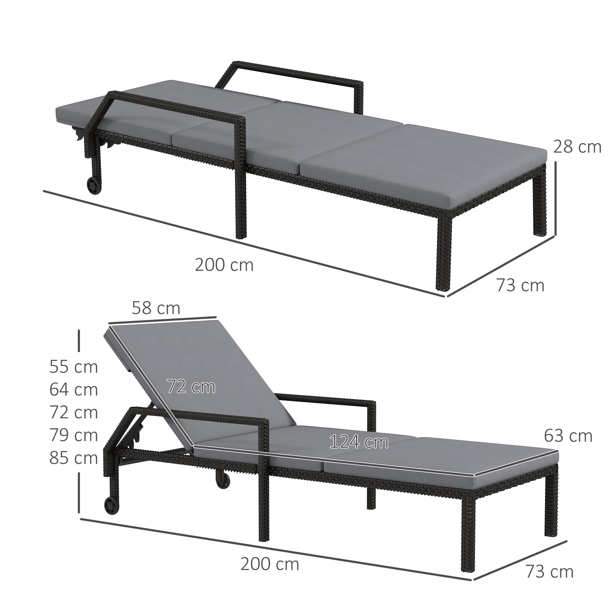 Outsunny Pack de 2 Tumbonas de Ratán Sintético para Jardín con Respaldo Ajustable Cojín y Ruedas Carga 120 kg 73x200x48 cm Gris Claro y Negro