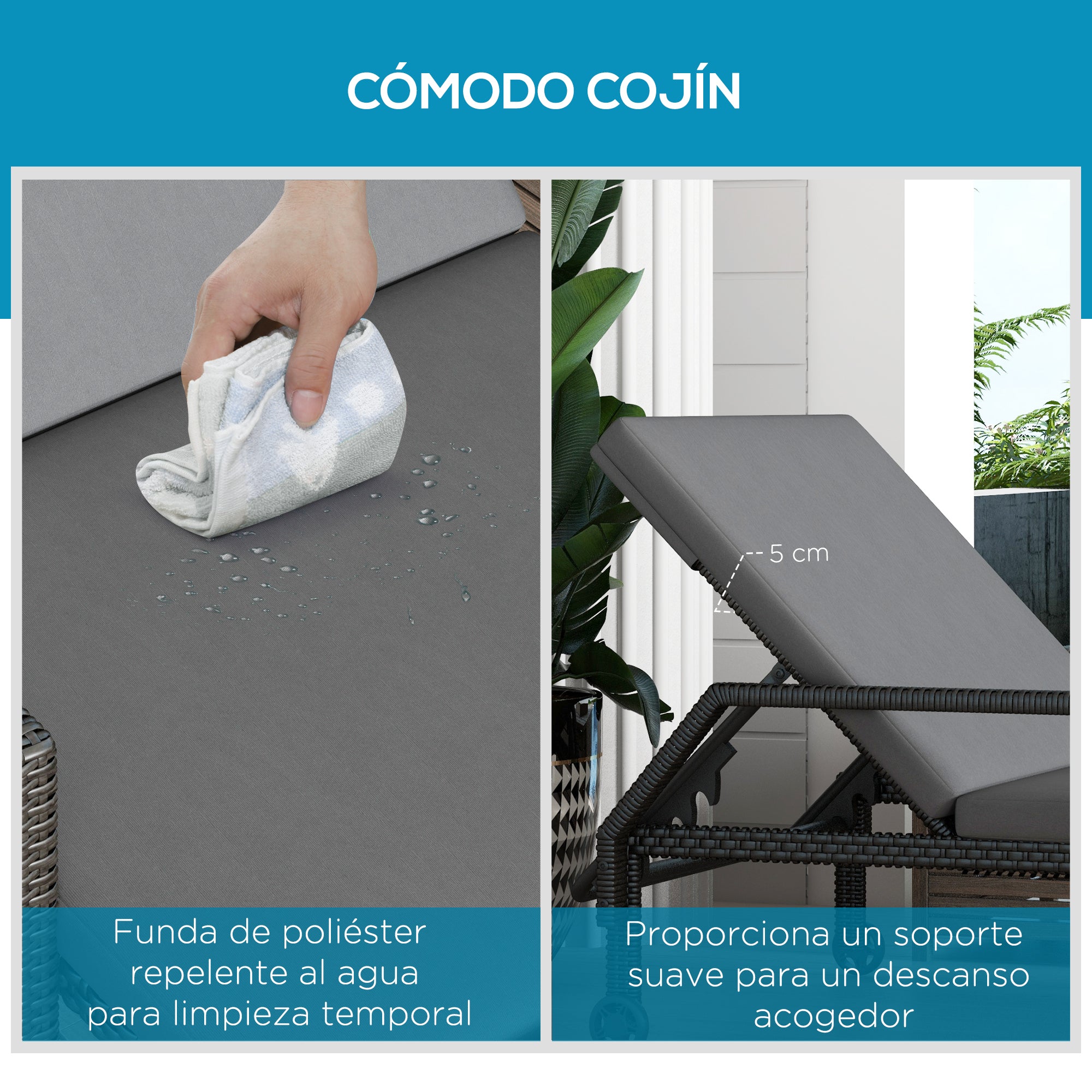 Outsunny Pack de 2 Tumbonas de Ratán Sintético para Jardín con Respaldo Ajustable Cojín y Ruedas Carga 120 kg 73x200x48 cm Gris Claro y Negro