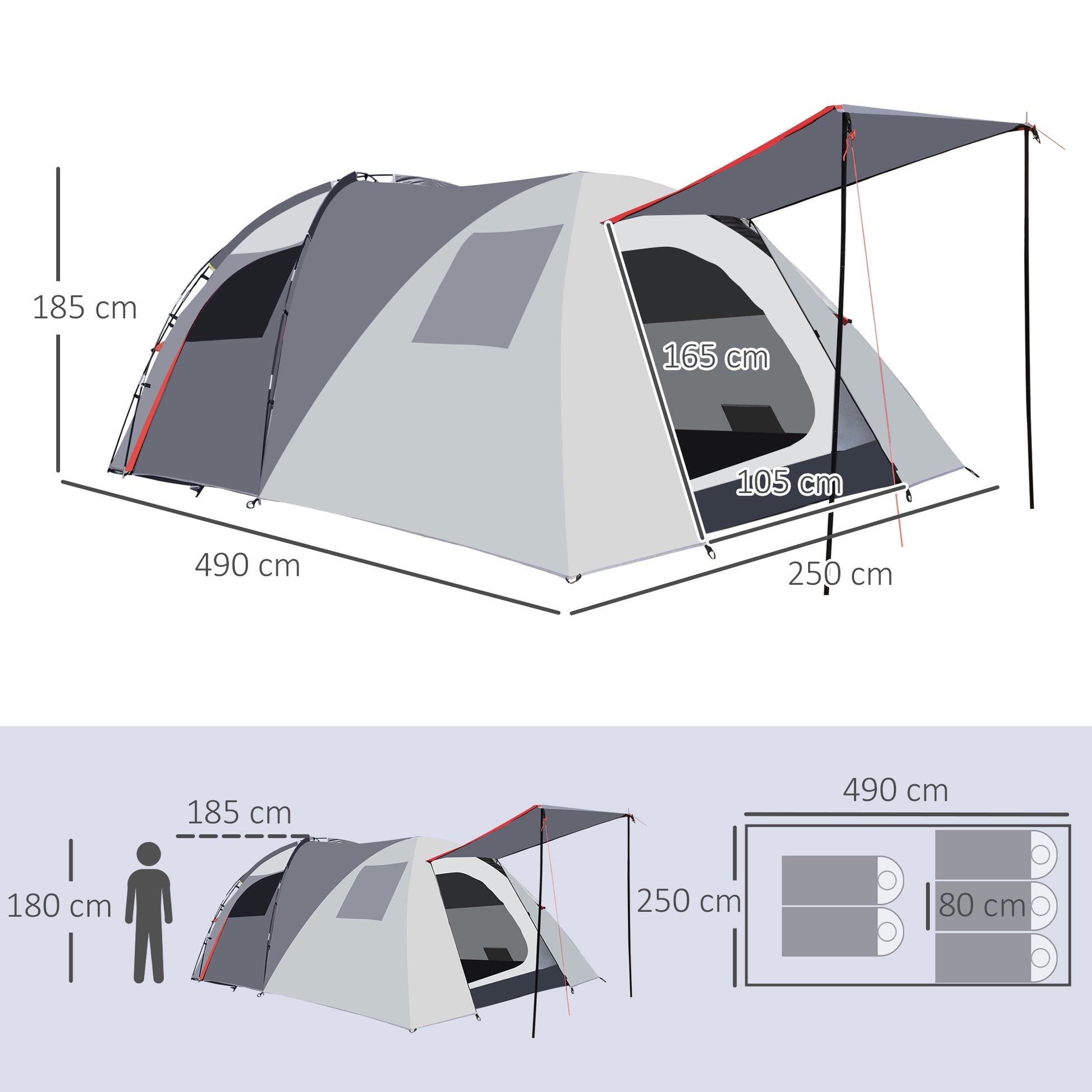 Outsunny Tienda de Campaña Familiar para 4-5 Personas Tienda Camping Impermeable 2000 mm Buena Ventilación Bolsa de Transporte para Trekking Camping Playa Aventura490x250x185 cm Gris