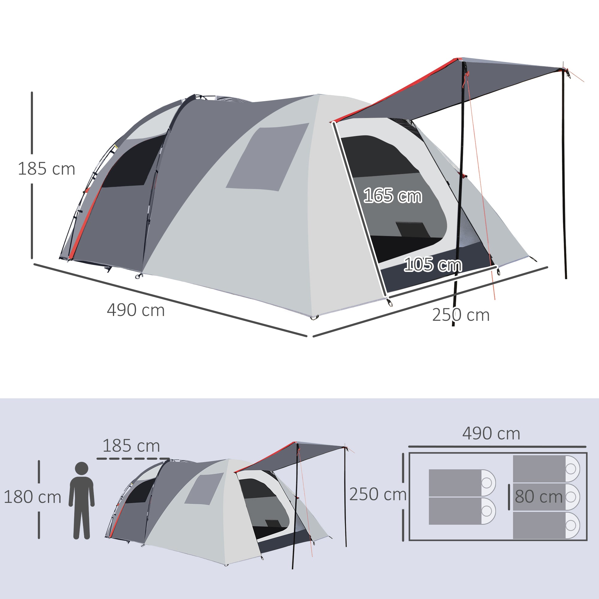 Outsunny Tienda de Campaña Familiar para 4-5 Personas Tienda Camping Impermeable 2000 mm Buena Ventilación Bolsa de Transporte para Trekking Camping Playa Aventura490x250x185 cm Gris
