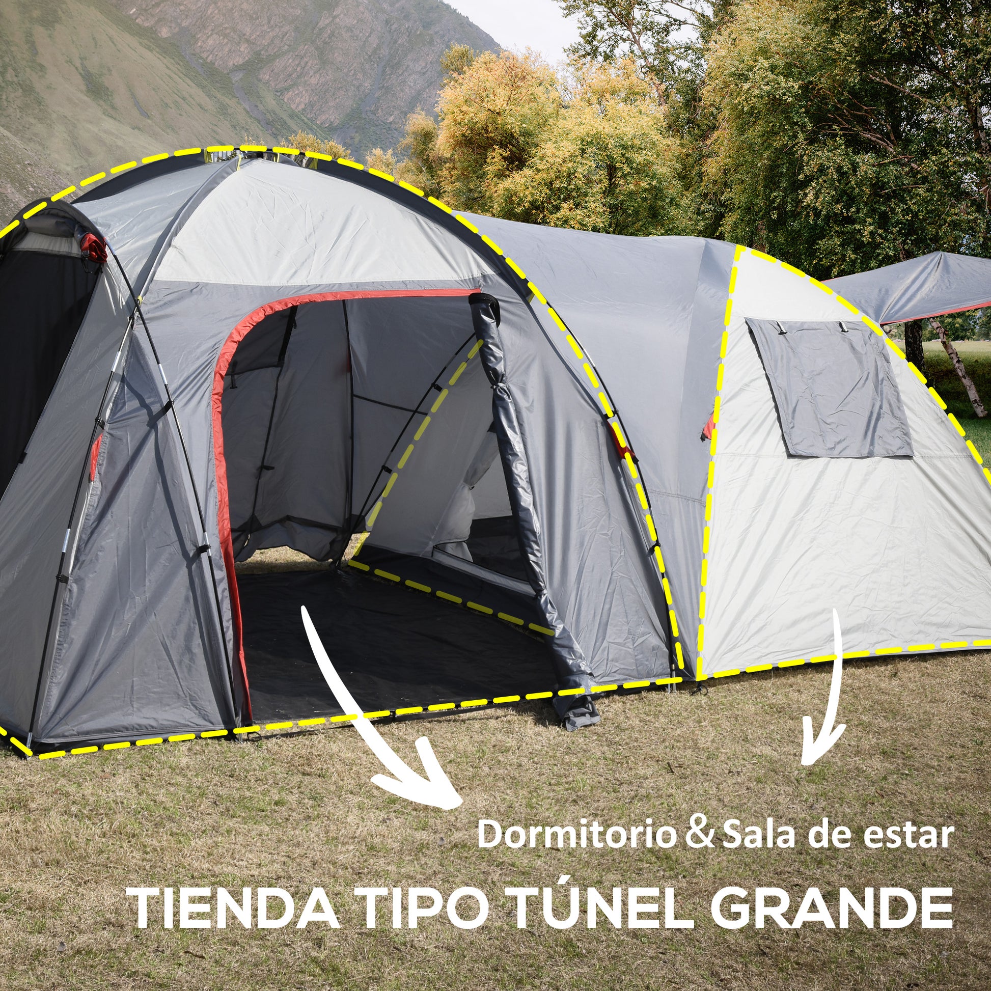 Outsunny Tienda de Campaña Familiar para 4-5 Personas Tienda Camping Impermeable 2000 mm Buena Ventilación Bolsa de Transporte para Trekking Camping Playa Aventura490x250x185 cm Gris