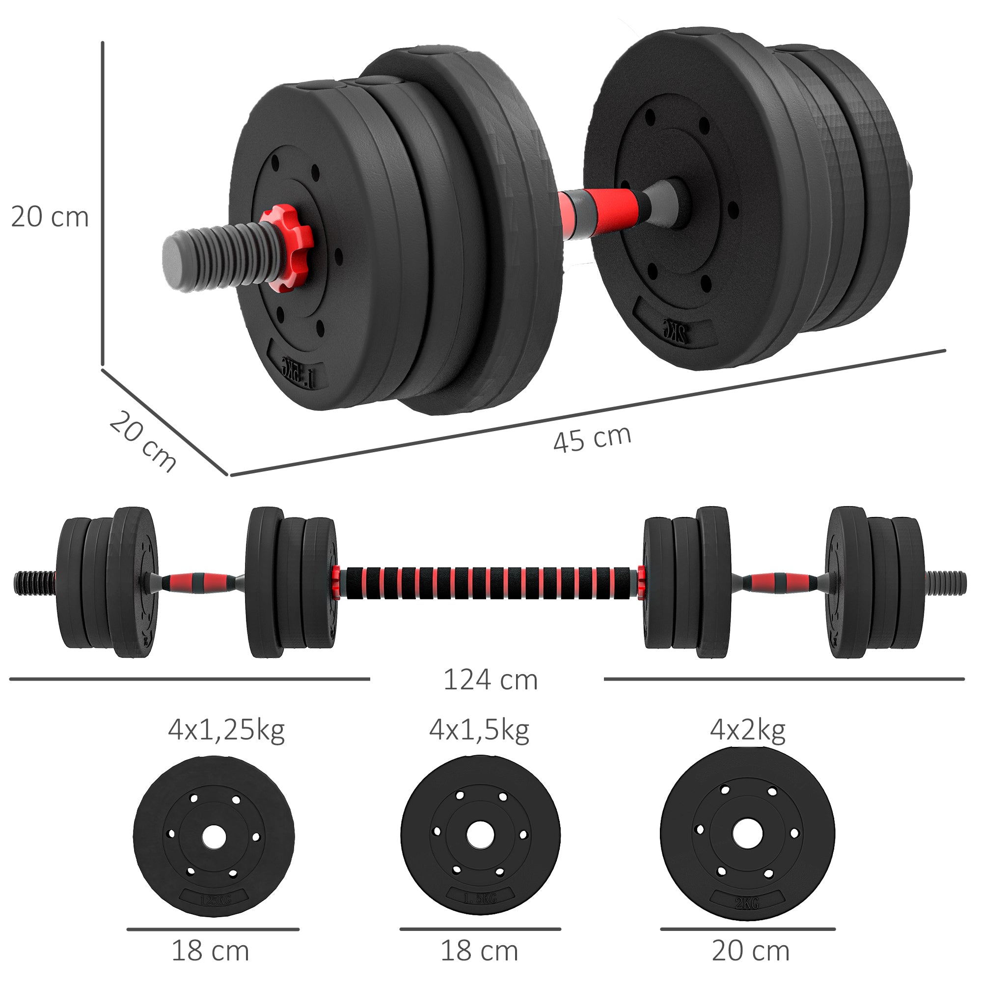HOMCOM Juego de Mancuernas Ajustables, 2 en 1, 20kg, Juego de Pesas con Barra de Conexión y Mango Antideslizante, Pesas y Mancuernas para Hombres y Mujeres, Ejercicio de Fitness, Casa Gimnasio