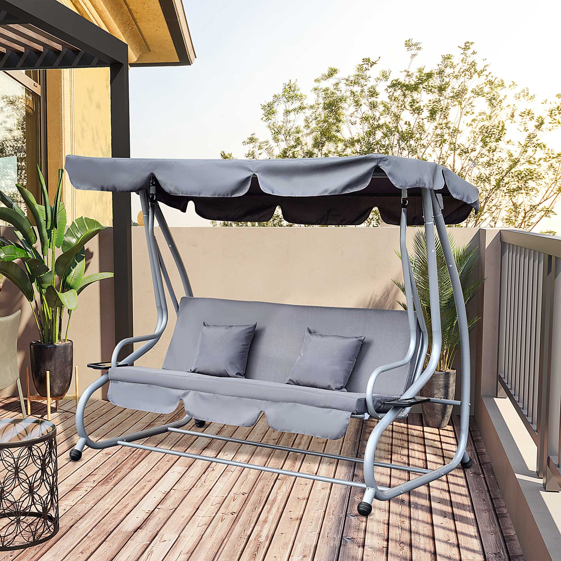Outsunny Columpio Balancín Jardín 3 Plazas Convertible en Cama Techo Parasol Regulable Bandeja para Bebida Terrza Balcón Exterior Carga máx. 340kg Acero 200x120x164cm Gris