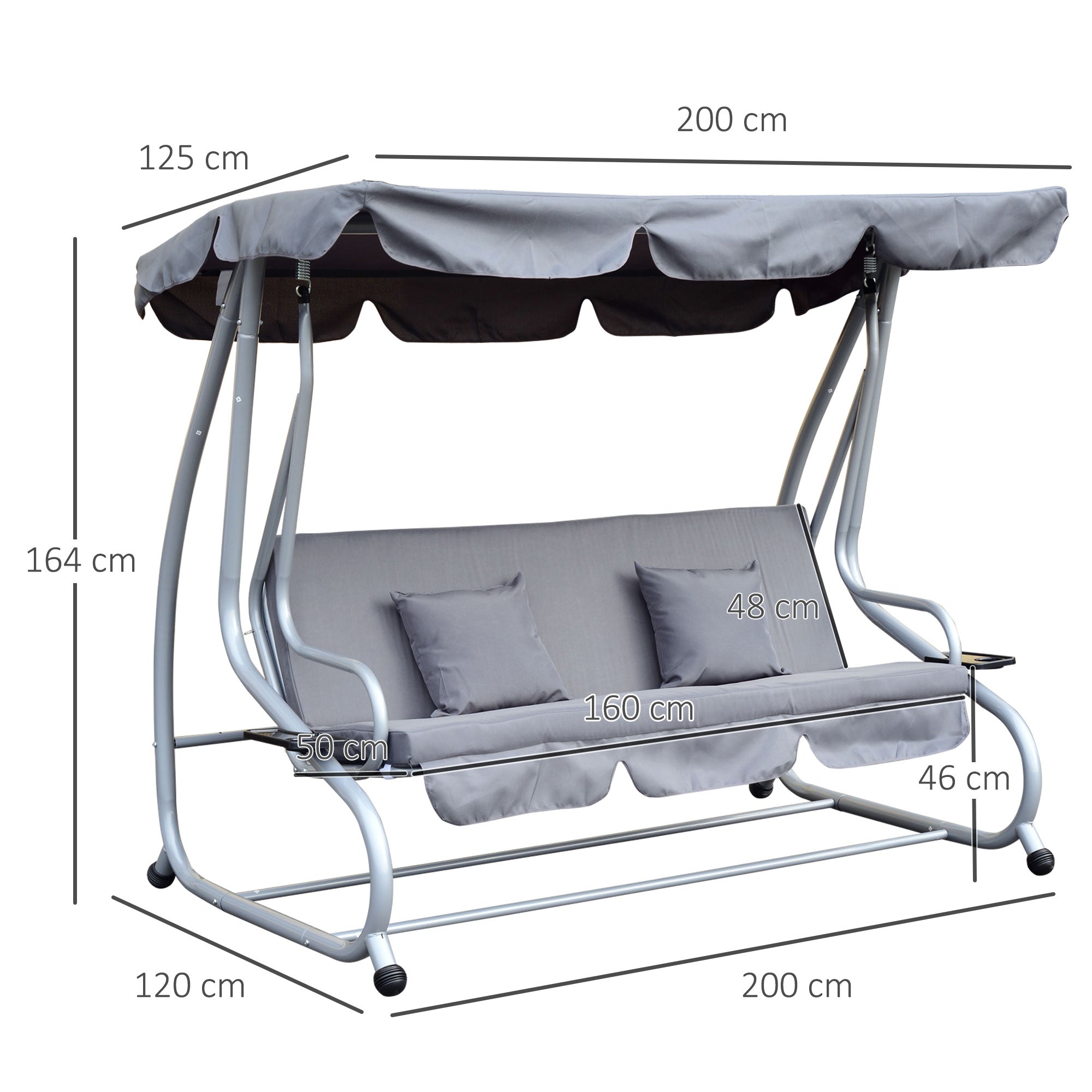 Outsunny Columpio Balancín Jardín 3 Plazas Convertible en Cama Techo Parasol Regulable Bandeja para Bebida Terrza Balcón Exterior Carga máx. 340kg Acero 200x120x164cm Gris