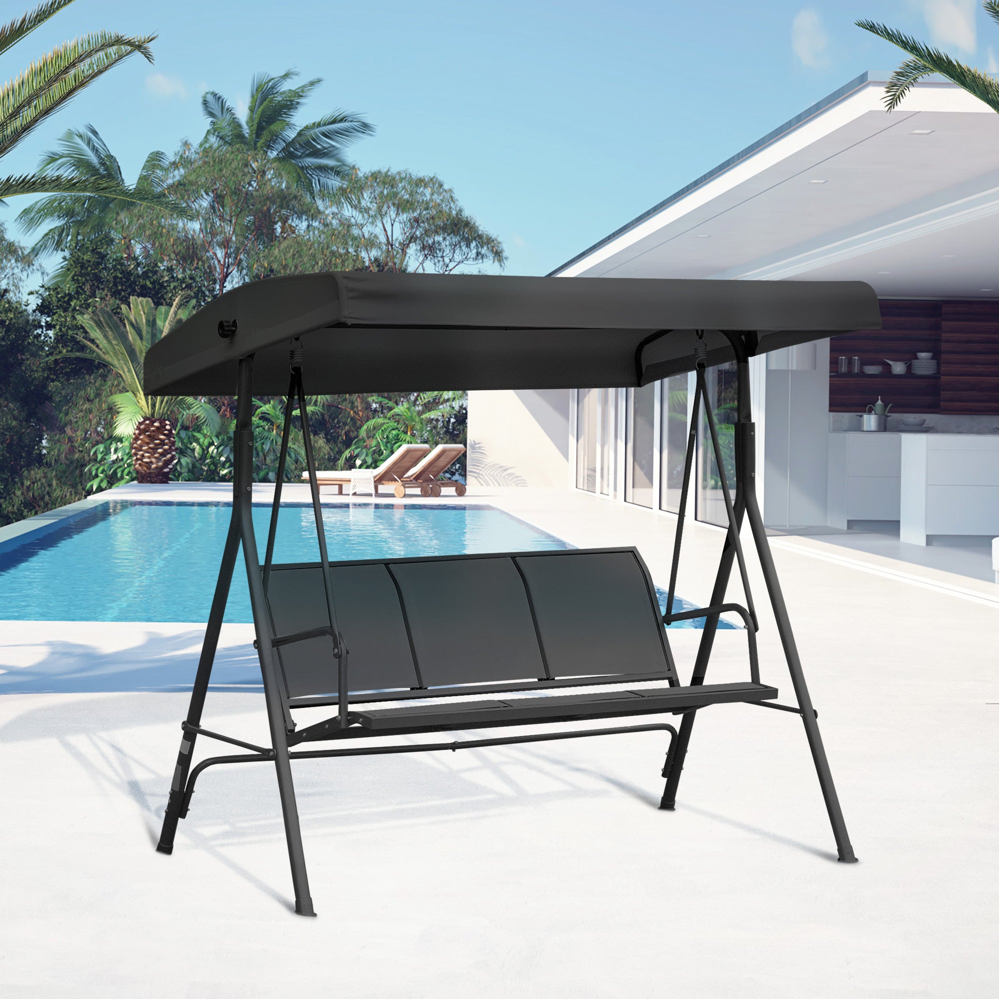 Outsunny Columpio de Jardín Exterior de 3 Plazas con Toldo Reclinable, Balancín de Jardín Exterior con Respaldo Transpirable y Marco de Acero, para Terraza Balcón, 175x118x159 cm, Negro