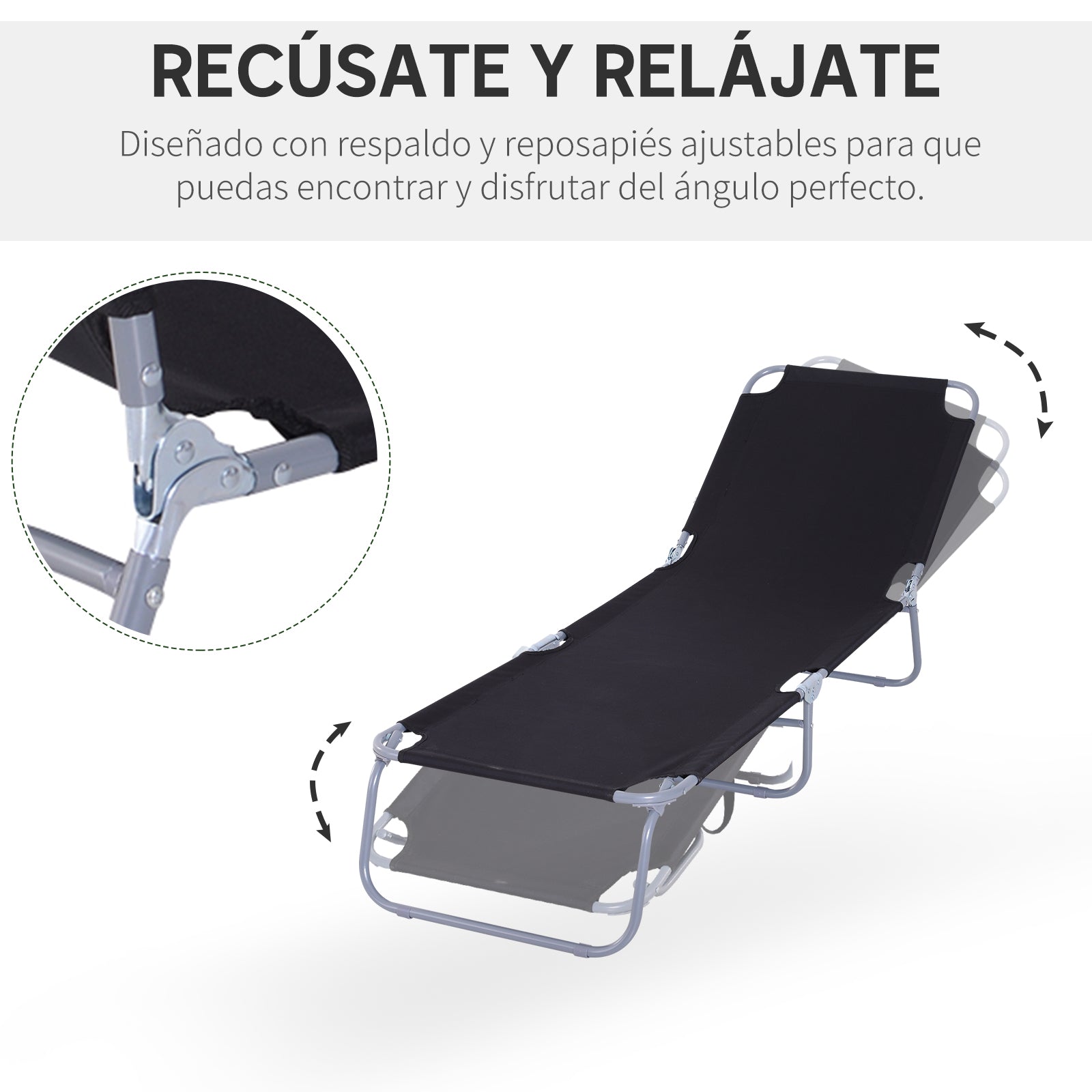 Outsunny Tumbona Plegable Tumbona Jardín Exterior con Respaldo Ajustable en 5 Posiciones y Estructura Metálica Carga 120 kg para Terraza Piscina Playa 187x55x24 cm Negro