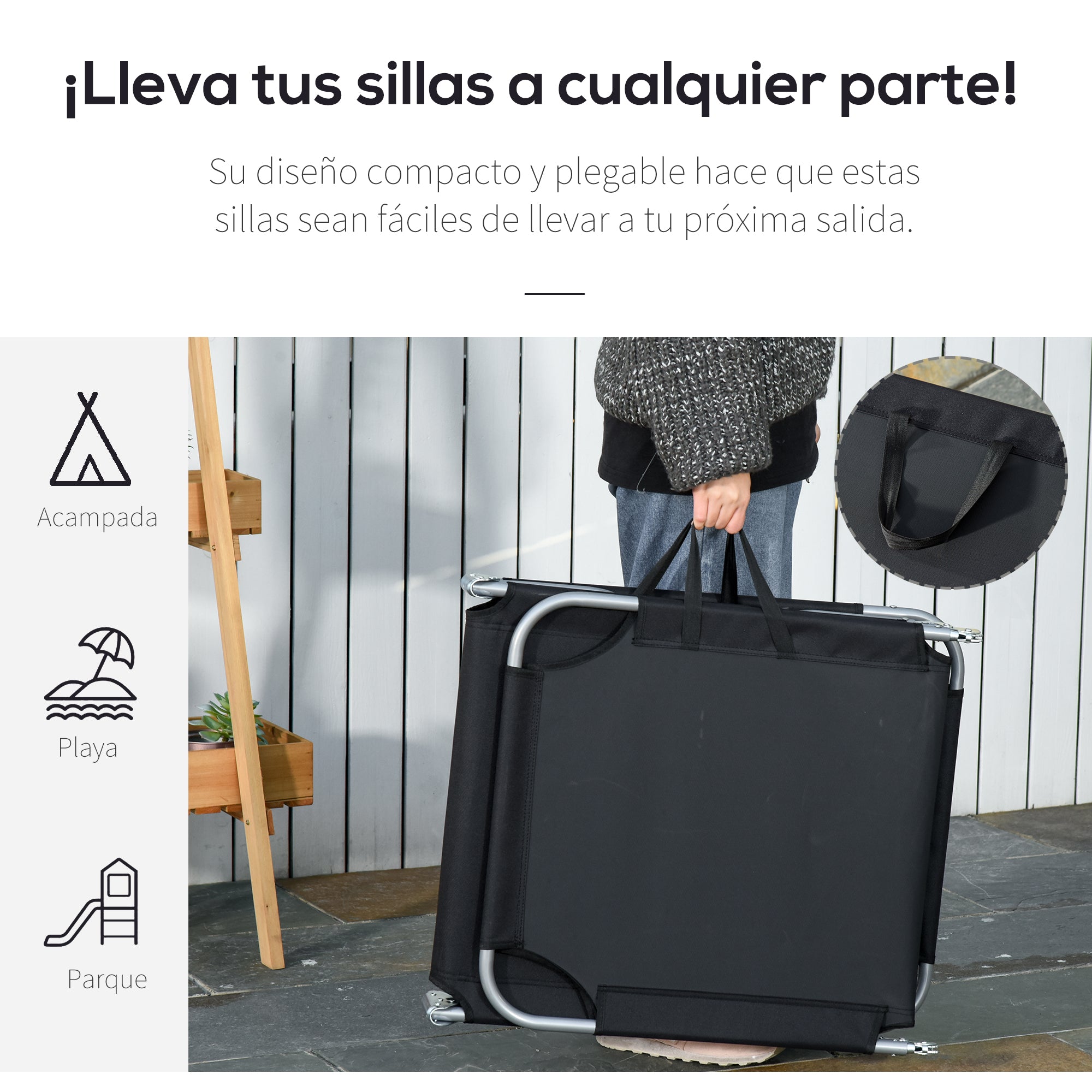Outsunny Tumbona Plegable Tumbona Jardín Exterior con Respaldo Ajustable en 5 Posiciones y Estructura Metálica Carga 120 kg para Terraza Piscina Playa 187x55x24 cm Negro