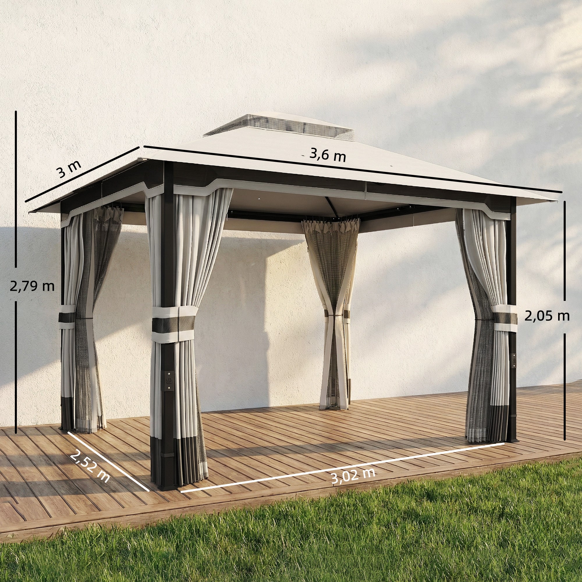 Outsunny Cenador para Jardín 3x3,6 m, Pabellón de Jardín Gazebo con Doble Techo, 4 Paredes Laterales y Mosquitera, Estructura Metálica, Drenaje, Carpa para Exterior, Terraza, Patio, Gris Claro