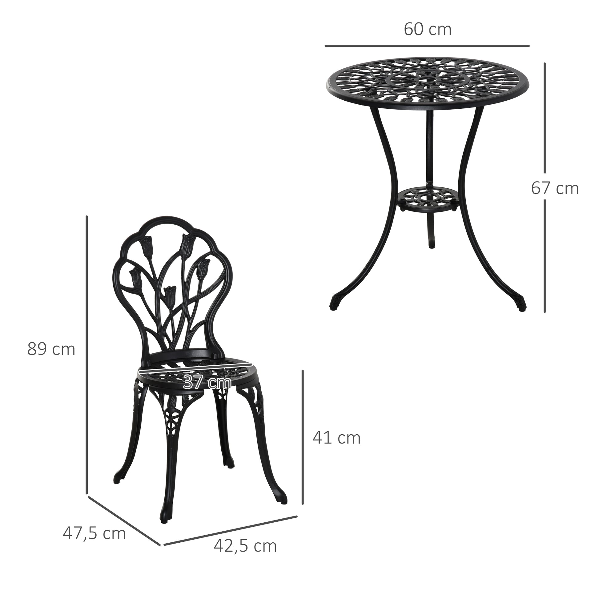 Outsunny Conjunto de Mesa y Sillas de Terraza Exterior de Aluminio de 3 Piezas Muebles de Jardín con Respaldo con Patrón de Tulipán y Mesa con Orificio para Sombrilla Negro