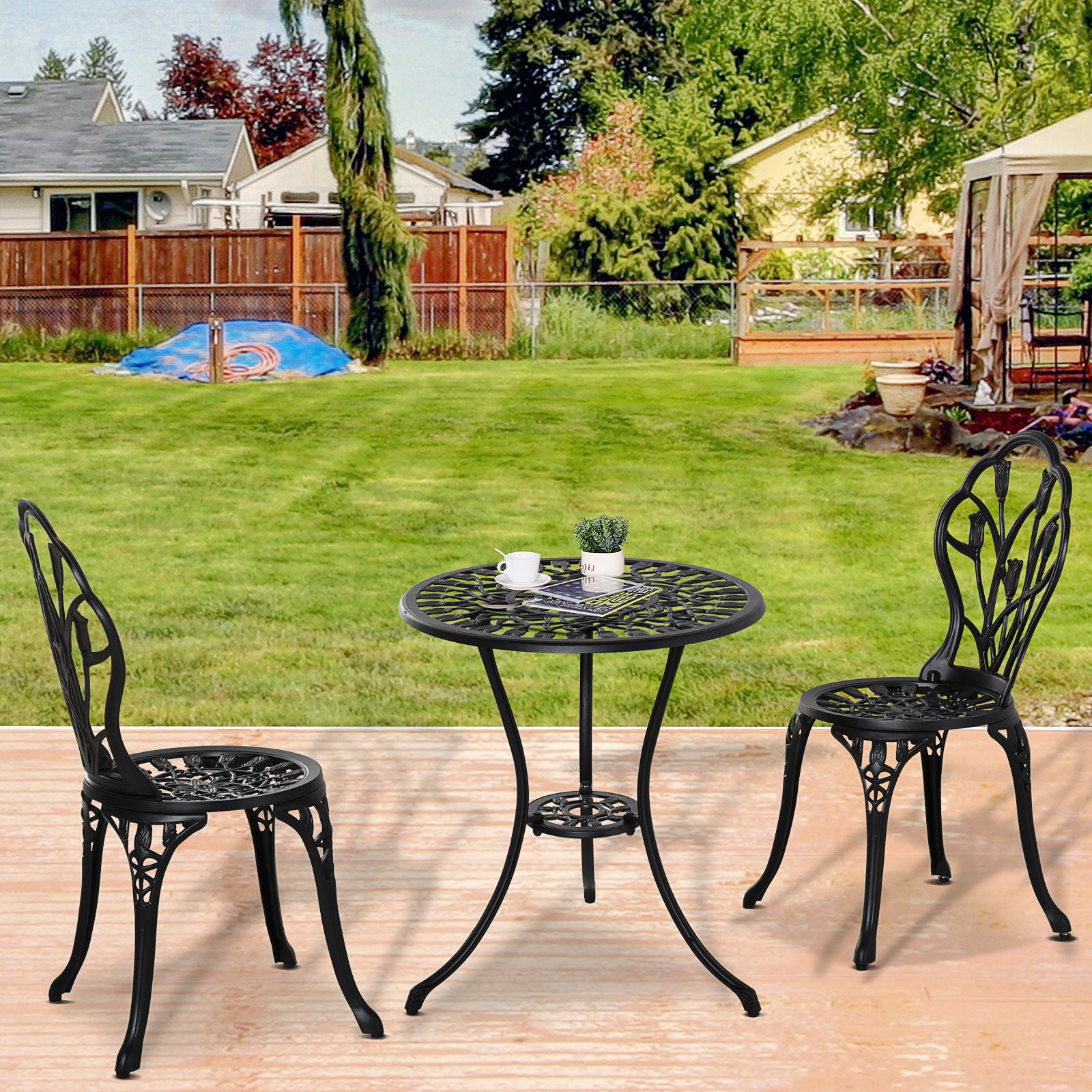 Outsunny Conjunto de Mesa y Sillas de Terraza Exterior de Aluminio de 3 Piezas Muebles de Jardín con Respaldo con Patrón de Tulipán y Mesa con Orificio para Sombrilla Negro