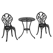 Outsunny Conjunto de Mesa y Sillas de Terraza Exterior de Aluminio de 3 Piezas Muebles de Jardín con Respaldo con Patrón de Tulipán y Mesa con Orificio para Sombrilla Negro