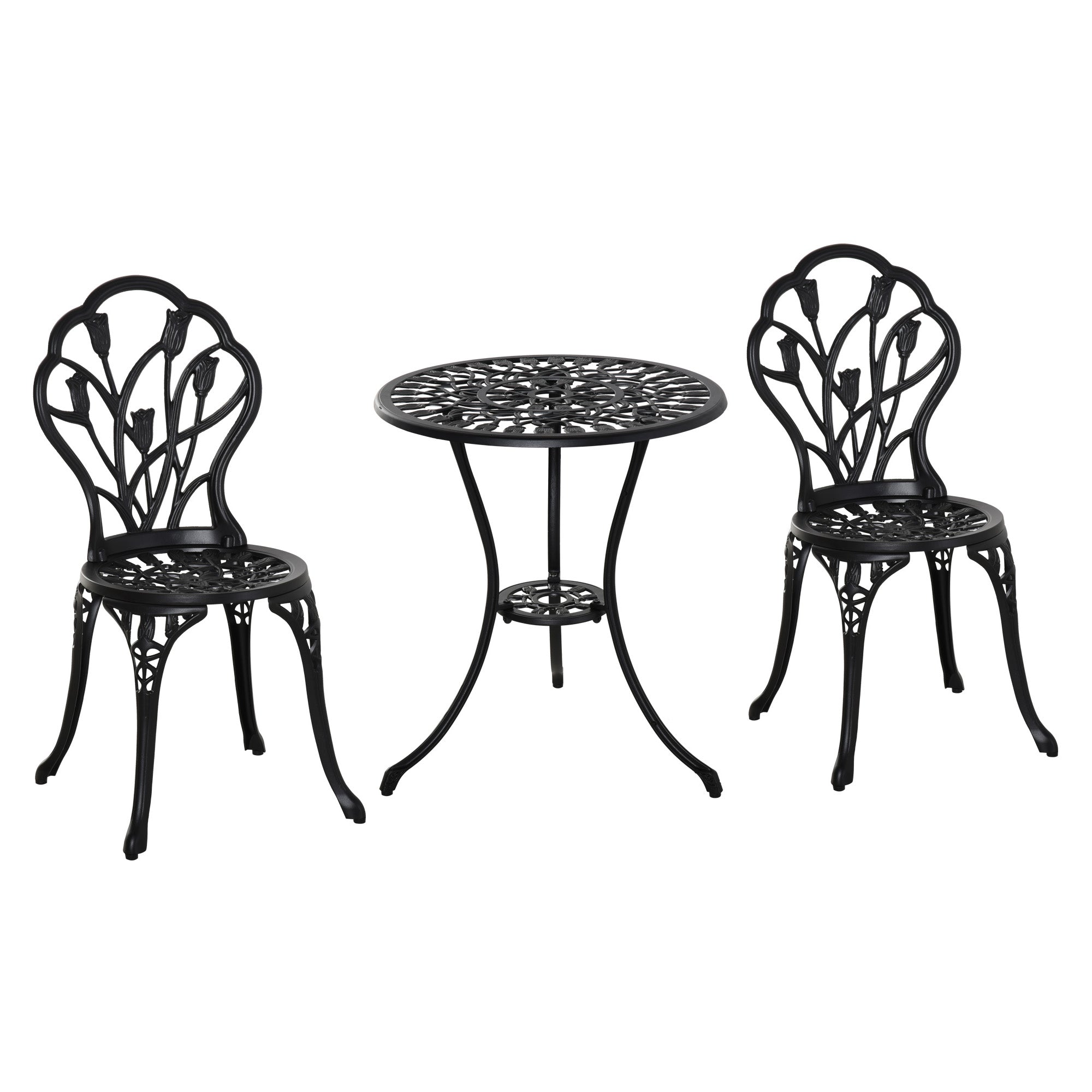 Outsunny Conjunto de Mesa y Sillas de Terraza Exterior de Aluminio de 3 Piezas Muebles de Jardín con Respaldo con Patrón de Tulipán y Mesa con Orificio para Sombrilla Negro