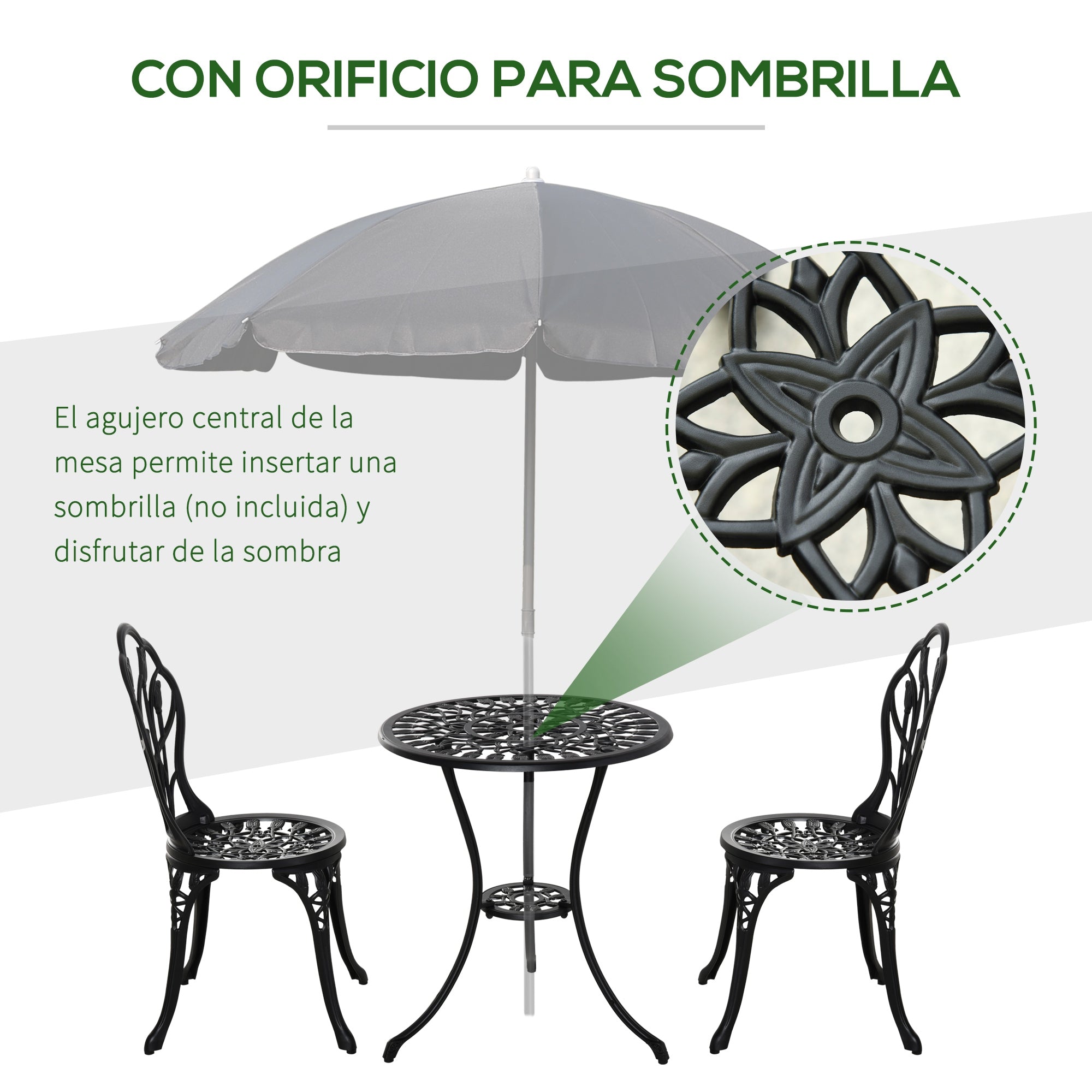 Outsunny Conjunto de Mesa y Sillas de Terraza Exterior de Aluminio de 3 Piezas Muebles de Jardín con Respaldo con Patrón de Tulipán y Mesa con Orificio para Sombrilla Negro