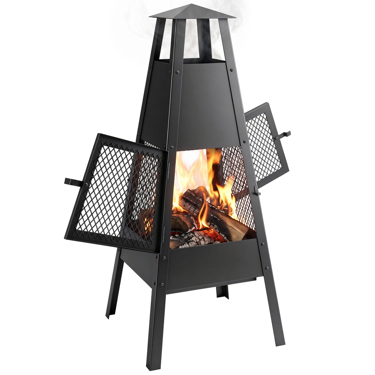 Outsunny Brasero Exterior con Chimenea Cónica, 41x40,5x97 cm, Brasero Exterior Jardín de Acero al Carbono con Malla Protectora, para Patio, Terraza, Camping, Fiesta, Negro