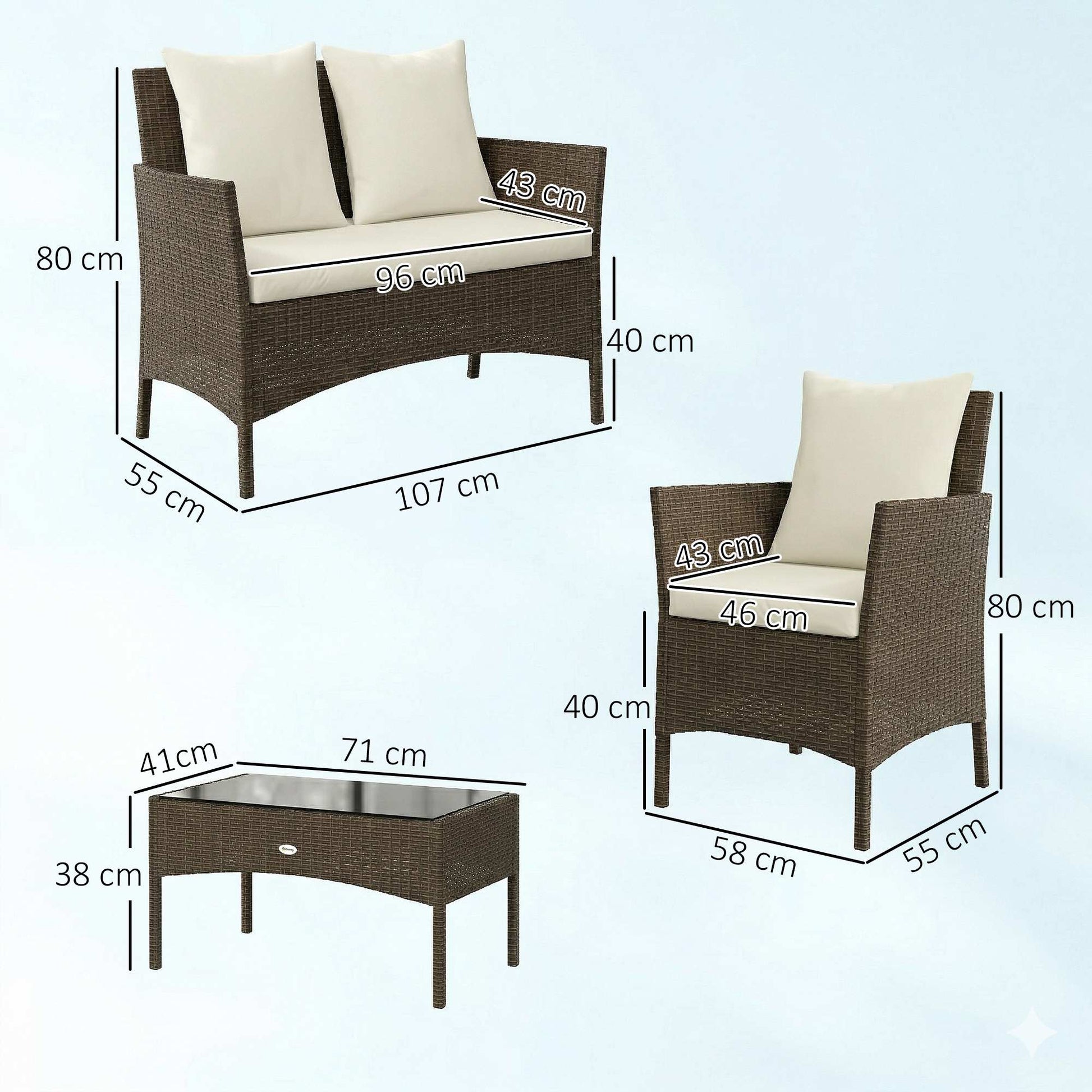 Outsunny Conjunto de Jardín Exterior de Ratán, Conjunto de Terraza con Cojines Lavables, Muebles Jardín Exterior 4 Piezas Incluye Sofá de 2 Plazas, 2 Sillas, Mesa de Centro de Vidrio Templado, Marrón