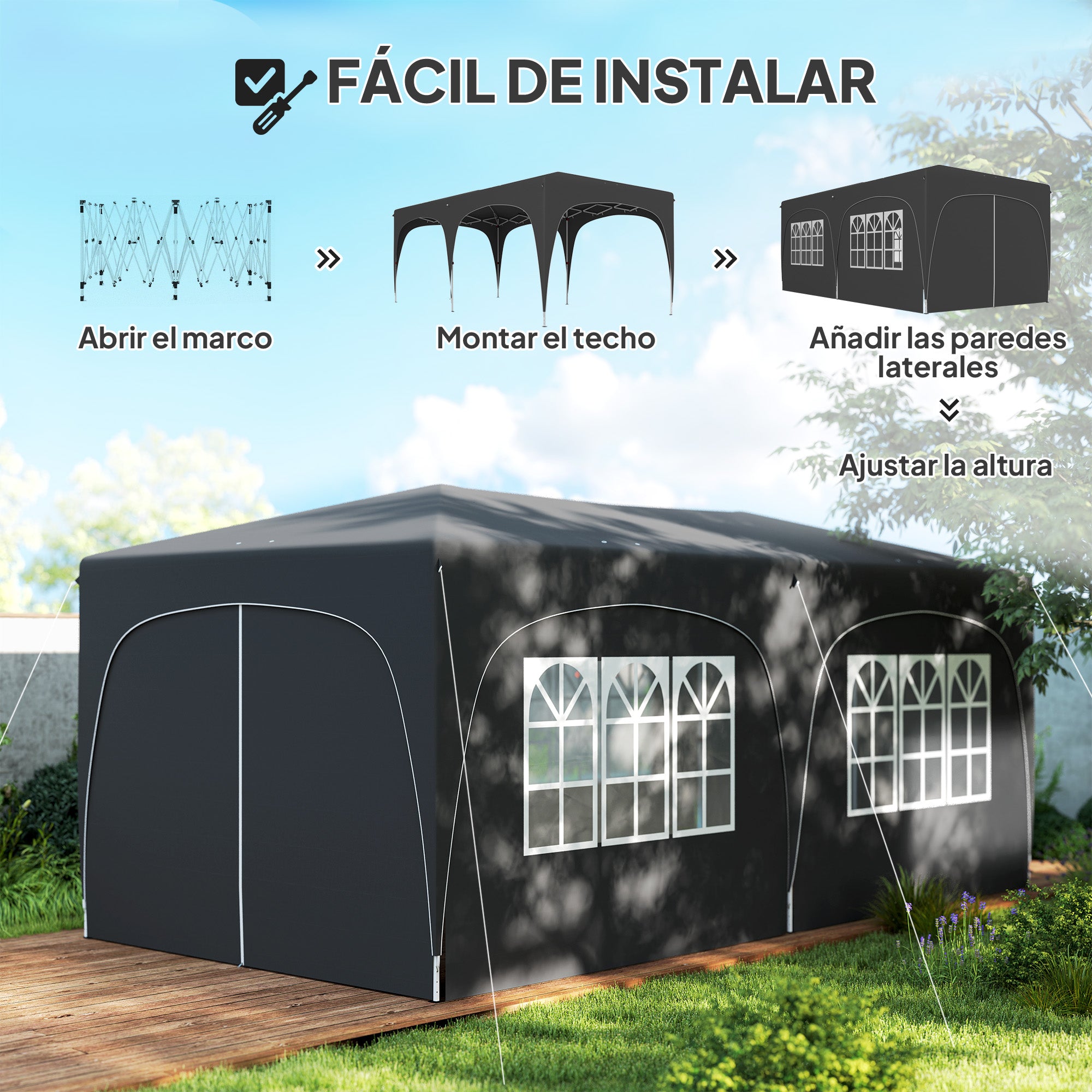 Outsunny Carpa Plegable Gazabo 3x6 m con Paneles Laterales UPF50+ Cenador Pabellón de Jardín con Altura Ajustable y Bolsa de Transporte para Camping Fiestas Patio Terraza Gris Oscuro