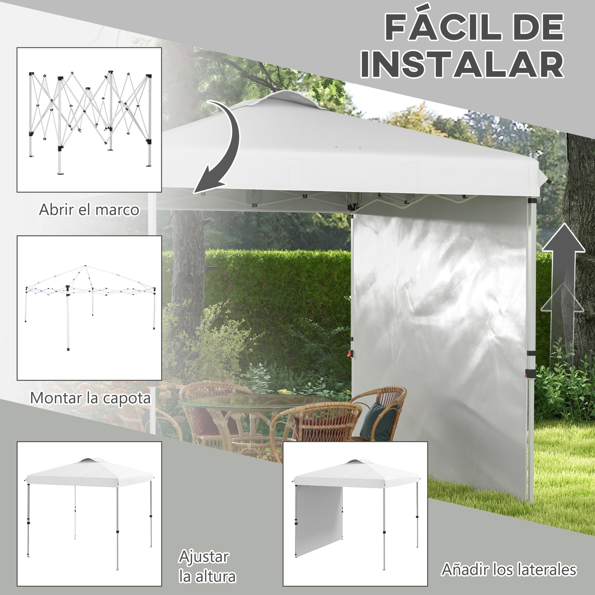 Outsunny Carpa Plegable 2,5x2,5 m Cenador de Jardín con 1 Pared Lateral Altura Ajustable en 3 Niveles Anti-UV Impermeable y Bolsa de Arena Gazebo para Exterior Camping Fiestas Blanco