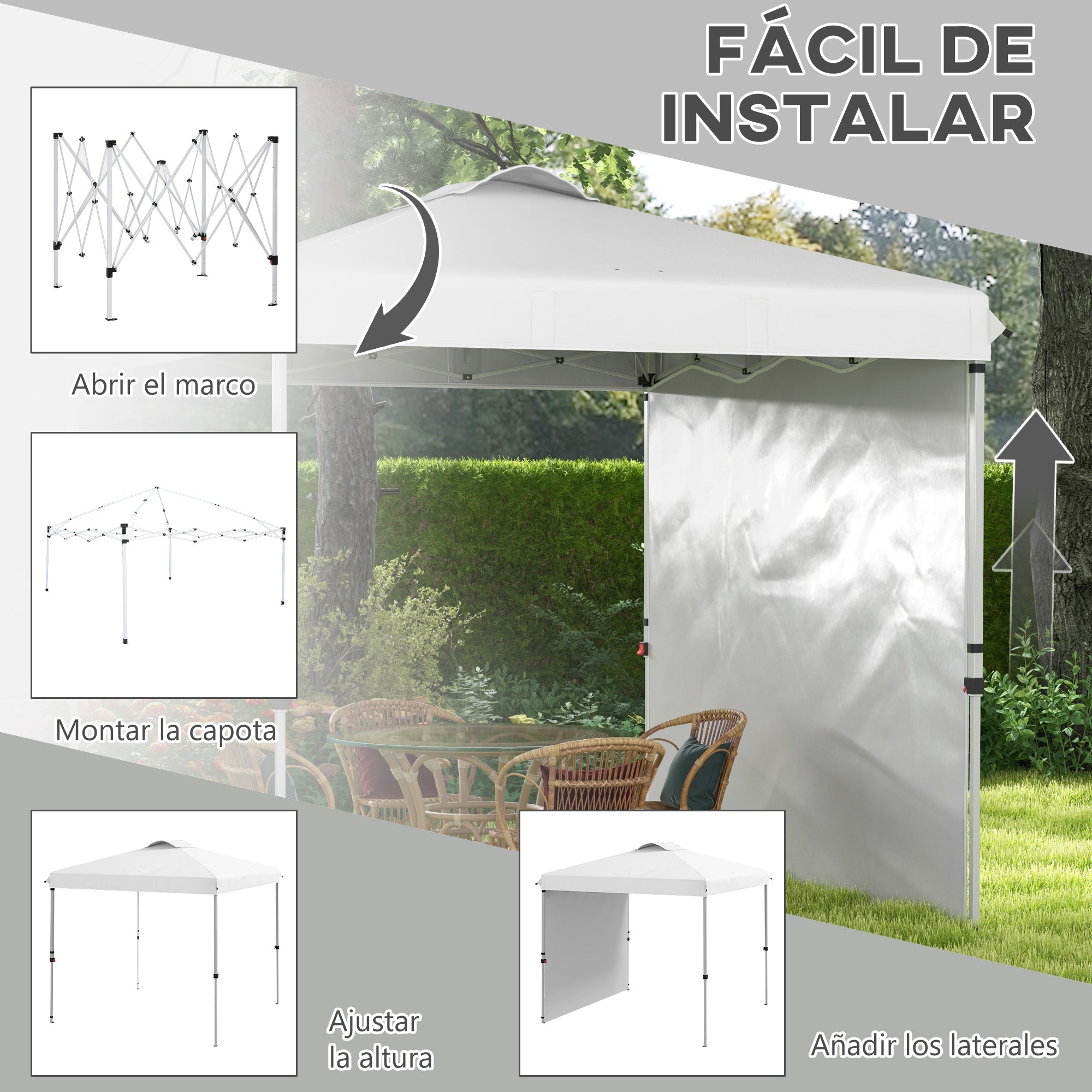 Outsunny Carpa Plegable 2,5x2,5 m Cenador de Jardín con 1 Pared Lateral Altura Ajustable en 3 Niveles Anti-UV Impermeable y Bolsa de Arena Gazebo para Exterior Camping Fiestas Blanco