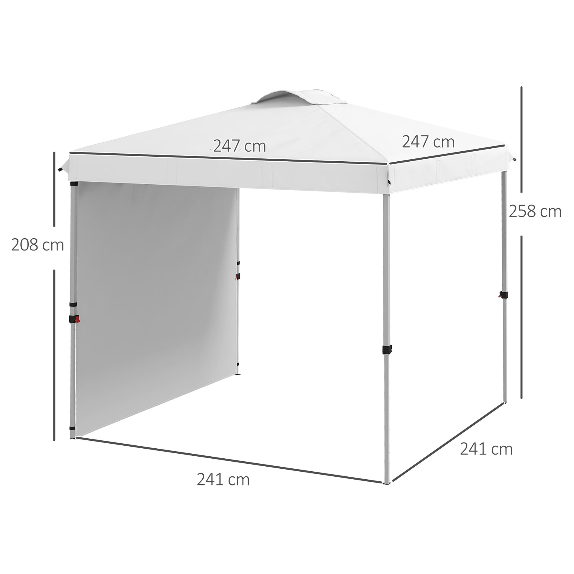 Outsunny Carpa Plegable 2,5x2,5 m Cenador de Jardín con 1 Pared Lateral Altura Ajustable en 3 Niveles Anti-UV Impermeable y Bolsa de Arena Gazebo para Exterior Camping Fiestas Blanco