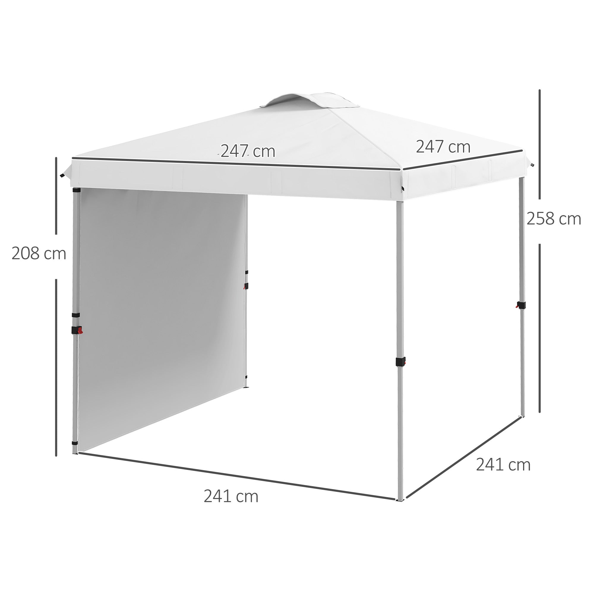Outsunny Carpa Plegable 2,5x2,5 m Cenador de Jardín con 1 Pared Lateral Altura Ajustable en 3 Niveles Anti-UV Impermeable y Bolsa de Arena Gazebo para Exterior Camping Fiestas Blanco